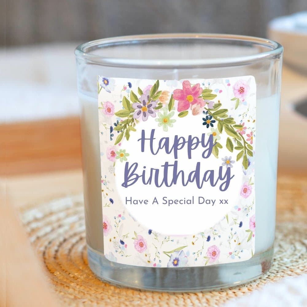 Birthday candle gift set with colourful flowers and Happy Birthday wording