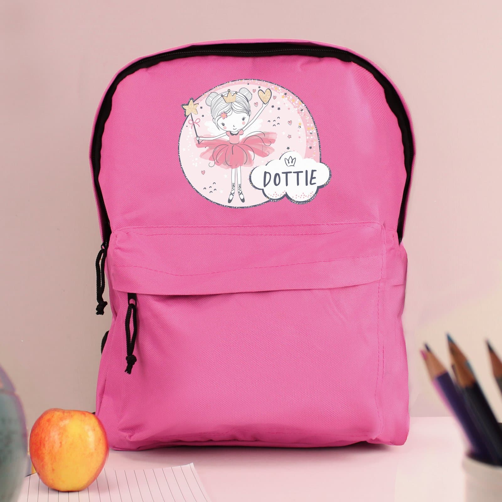 Pink princess ballerina backpack with a name and a front zip pocket