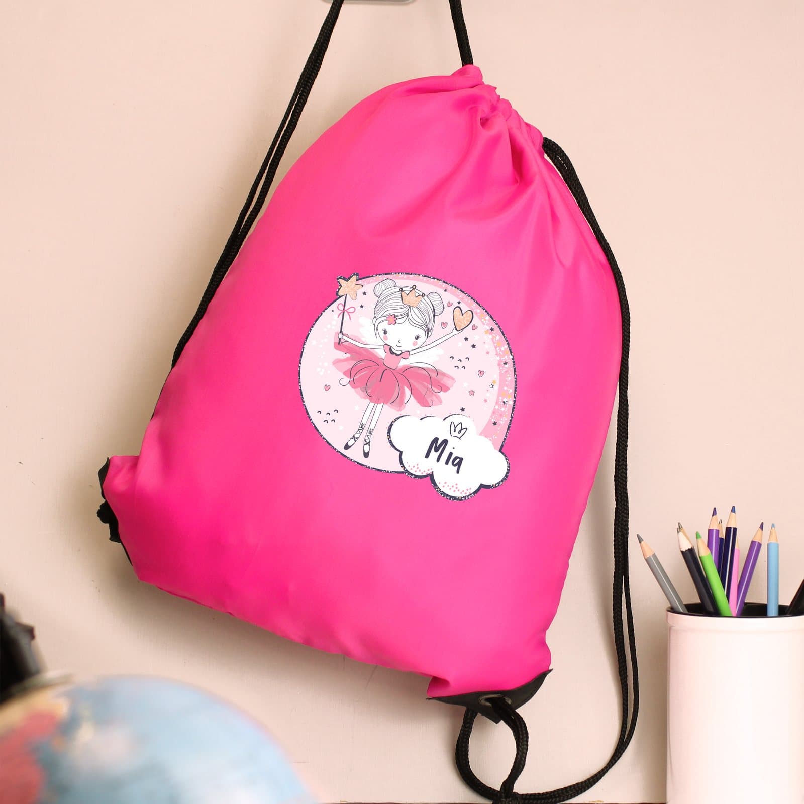 Pink princess ballerina kit bag with a drawstring and a name