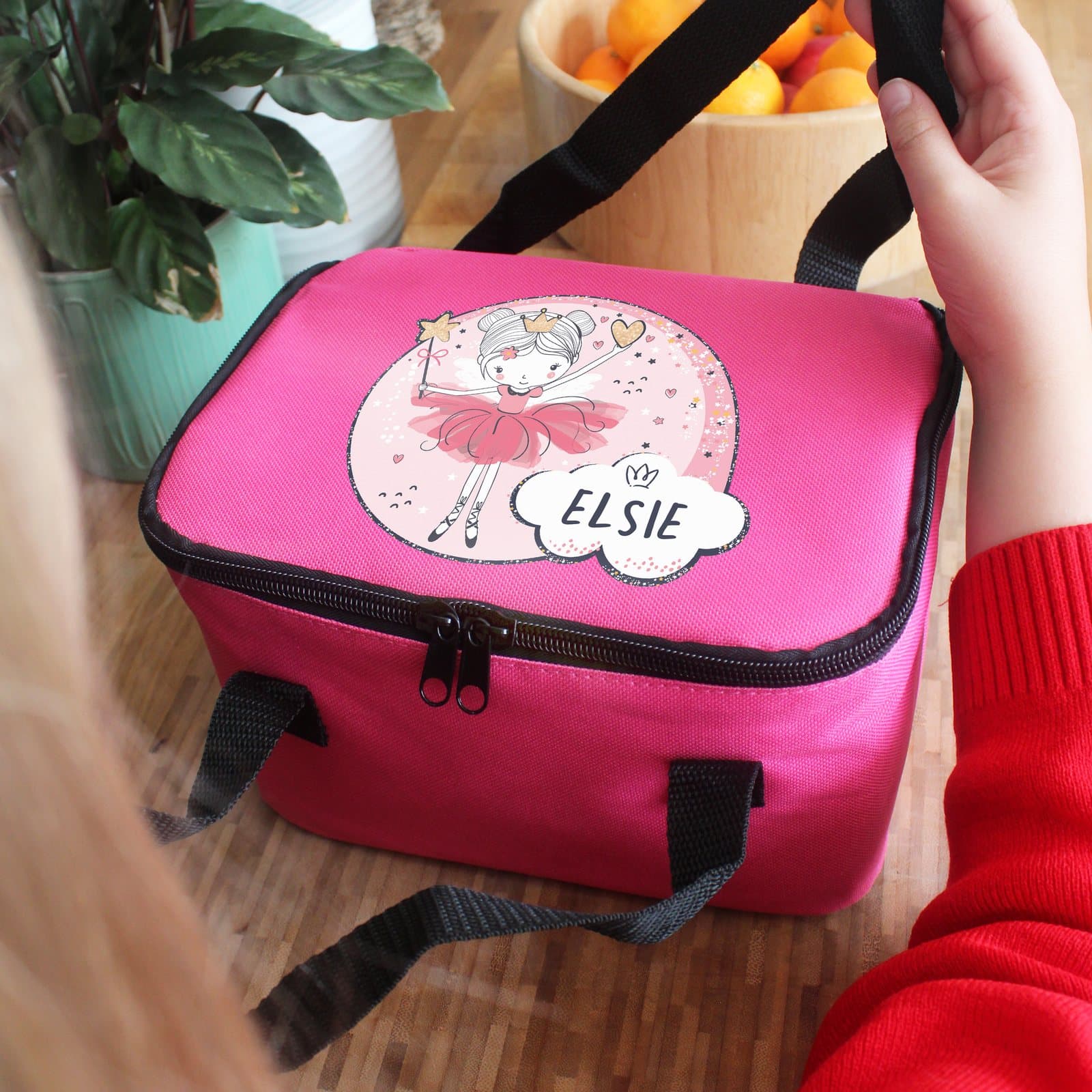 Pink princess ballerina lunch bag with a name and carry straps