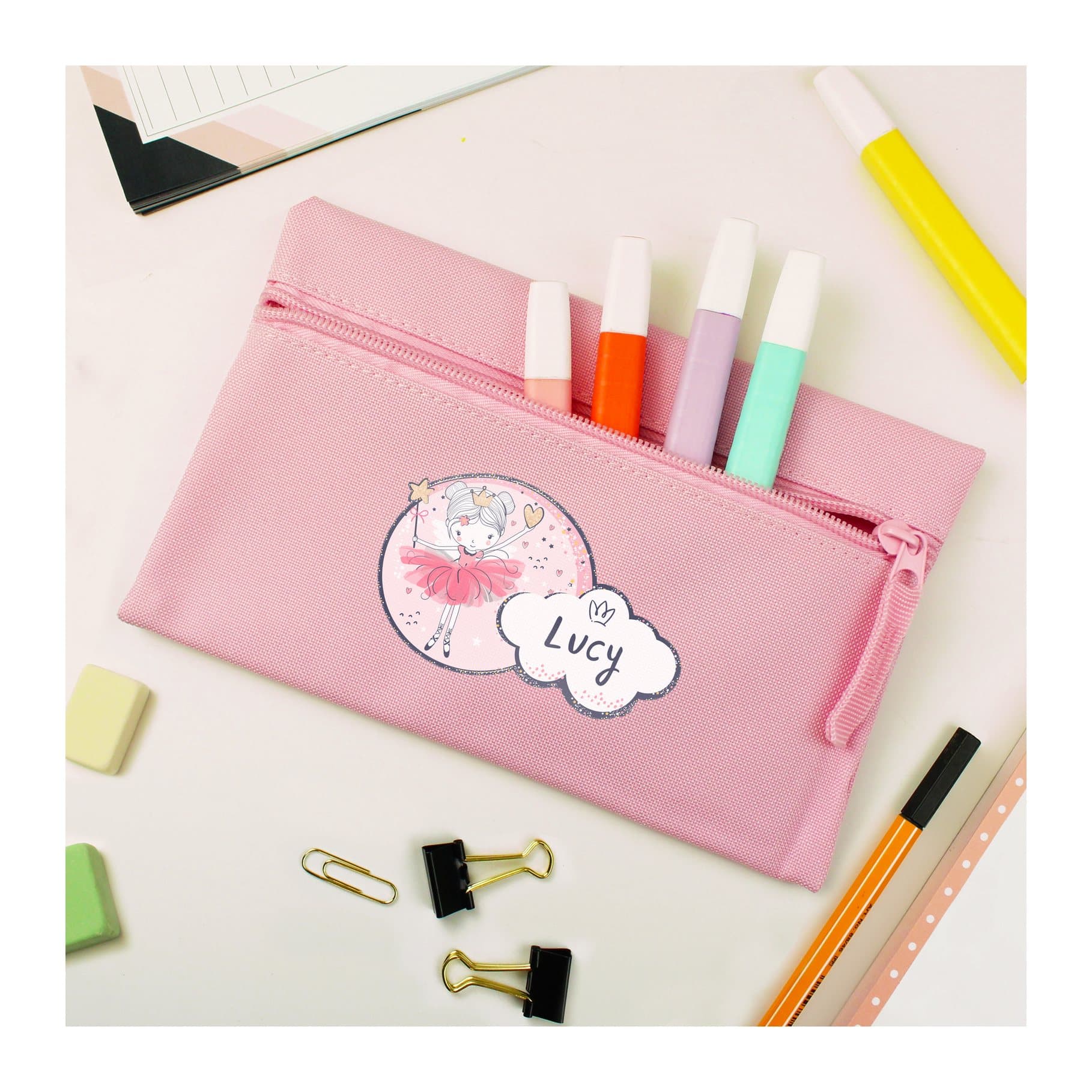 Pink princess ballerina microfibre pencil case with a zip