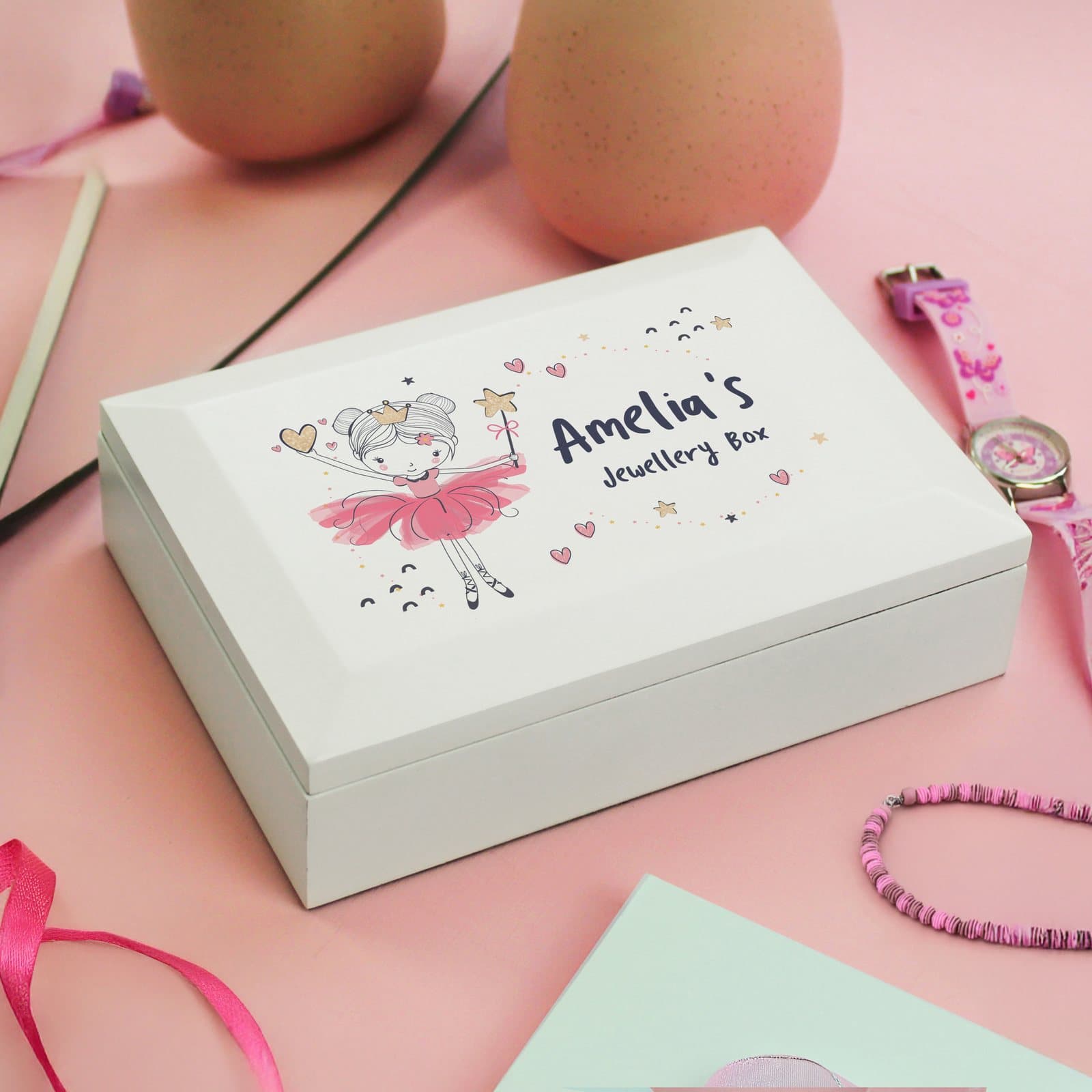 Wooden princess ballerina jewellery box with personalised text