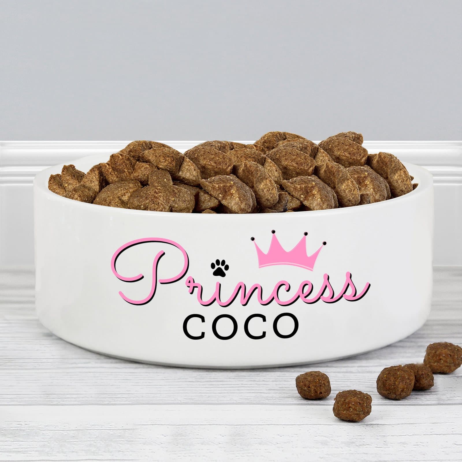 White ceramic pet bowl personalised with Princess and a name