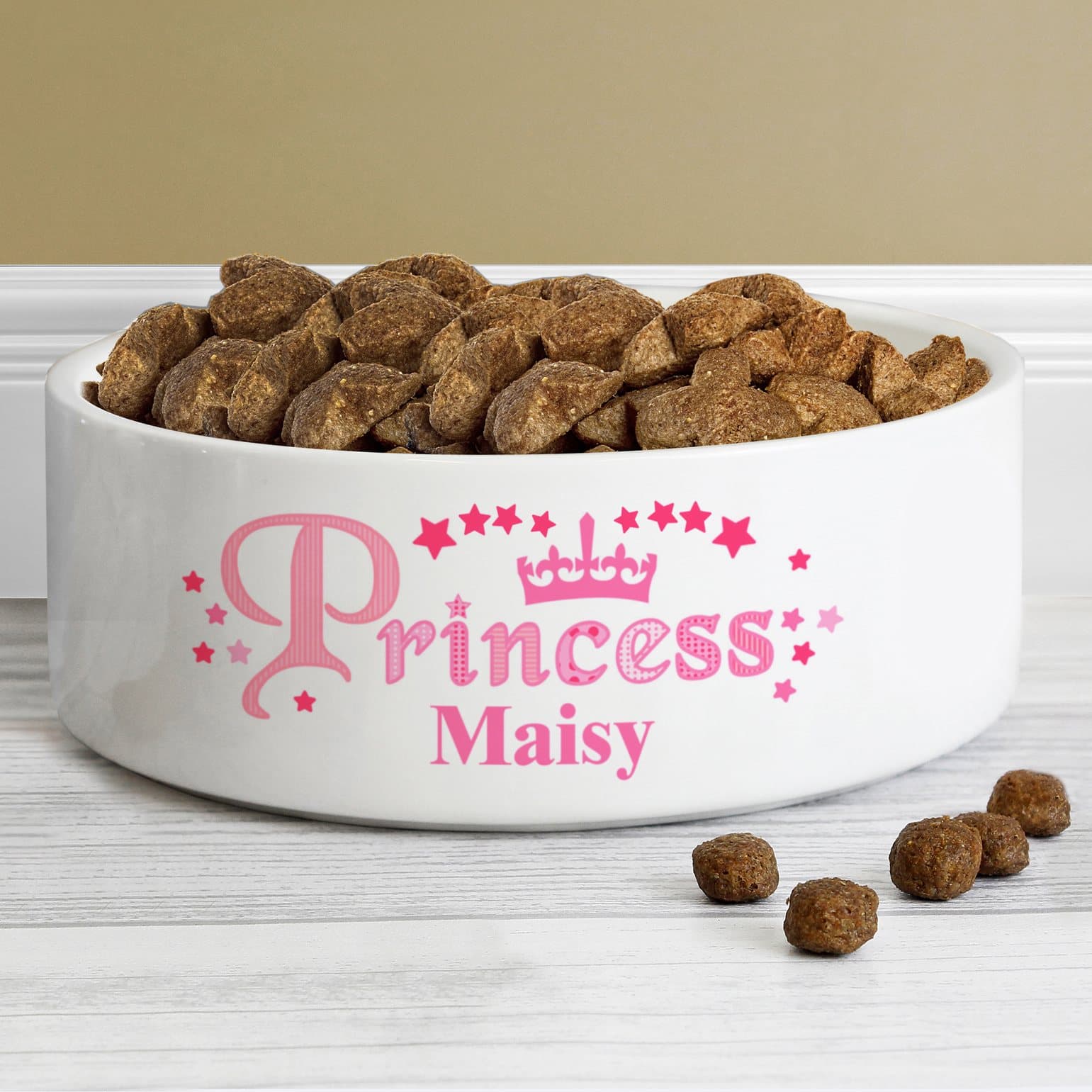 White ceramic pet bowl personalised with the word Princess and a pet's name