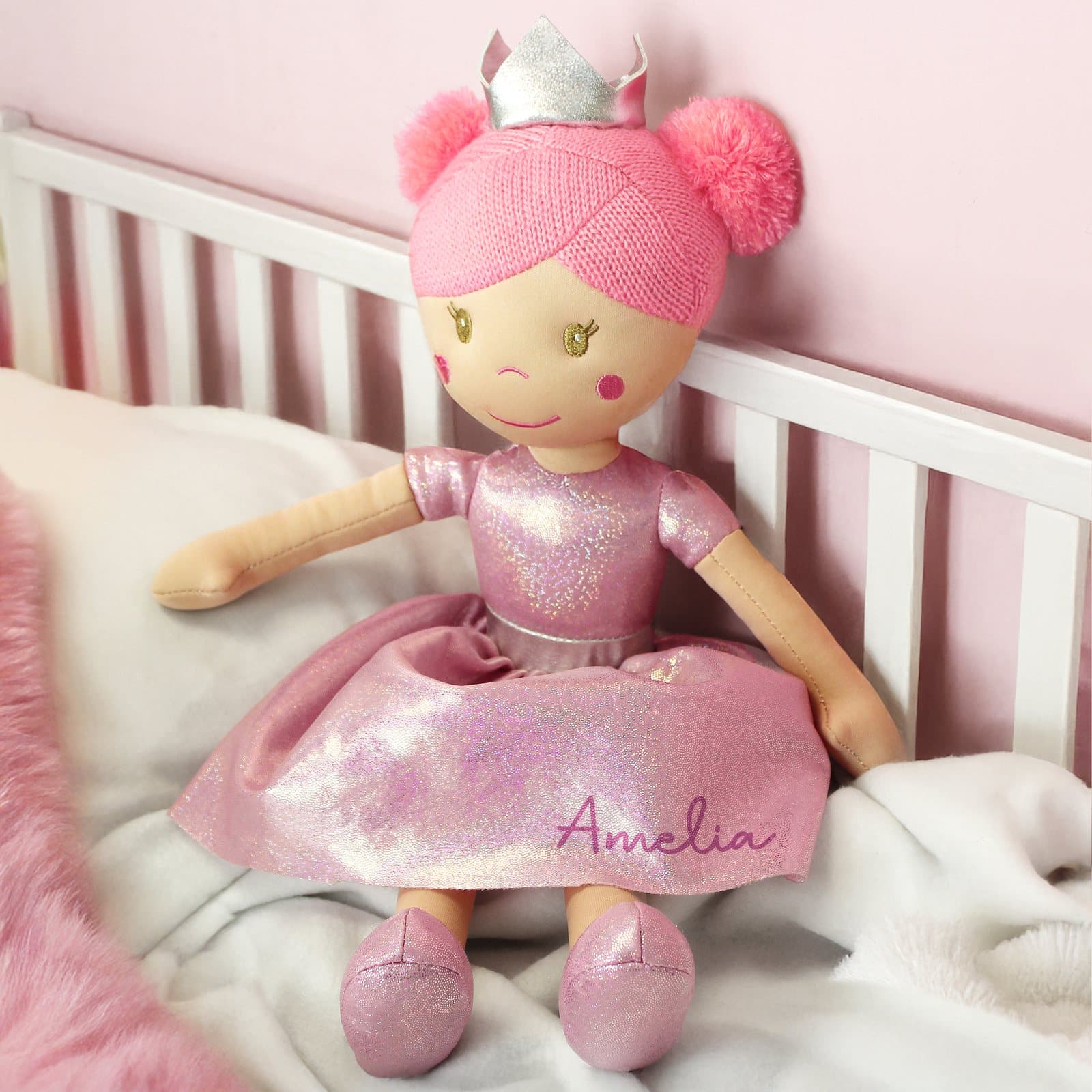 Rag doll in a ballerina outfit with a name on the dress