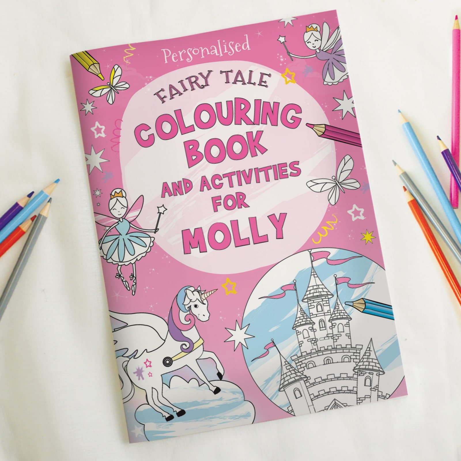 Personalised princess and unicorn colouring book with a child's name on the cover