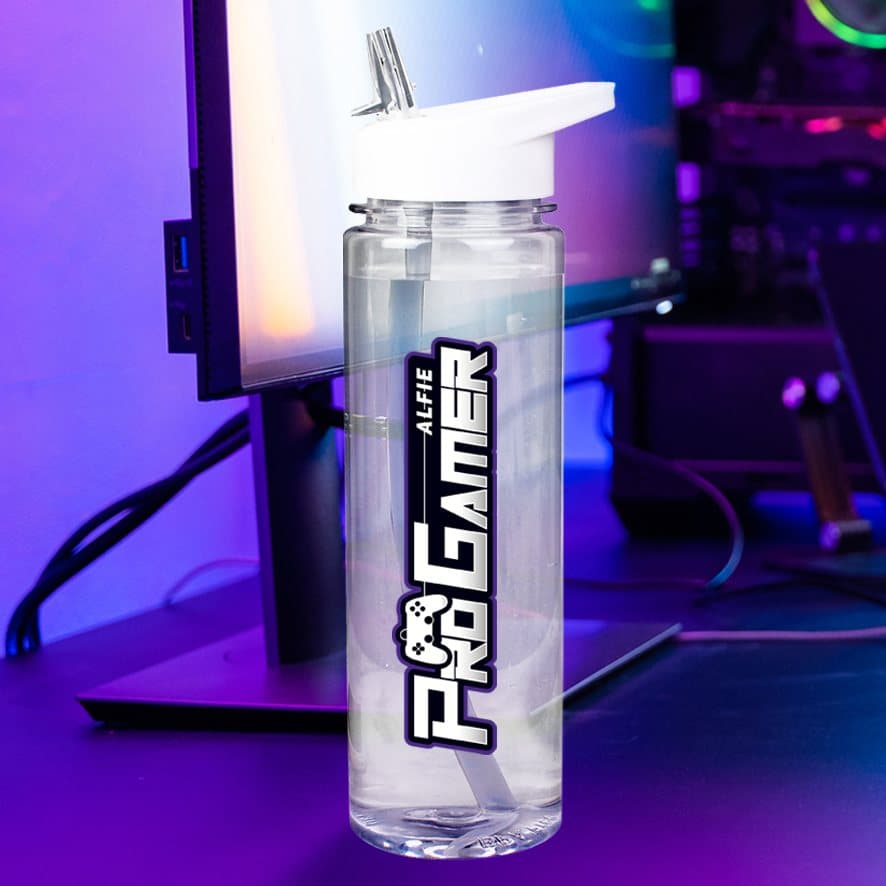Water bottle with a name above the text Pro Gamer