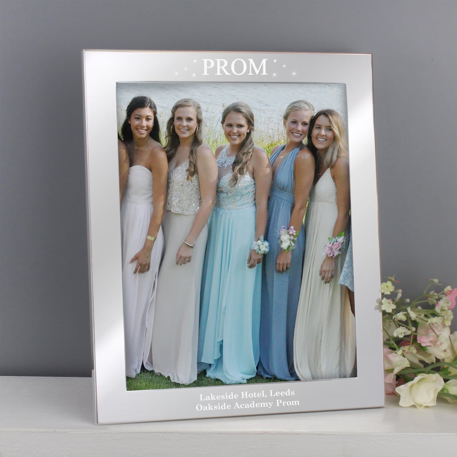 Silver aluminium 10x8 prom night photo frame with personalised text