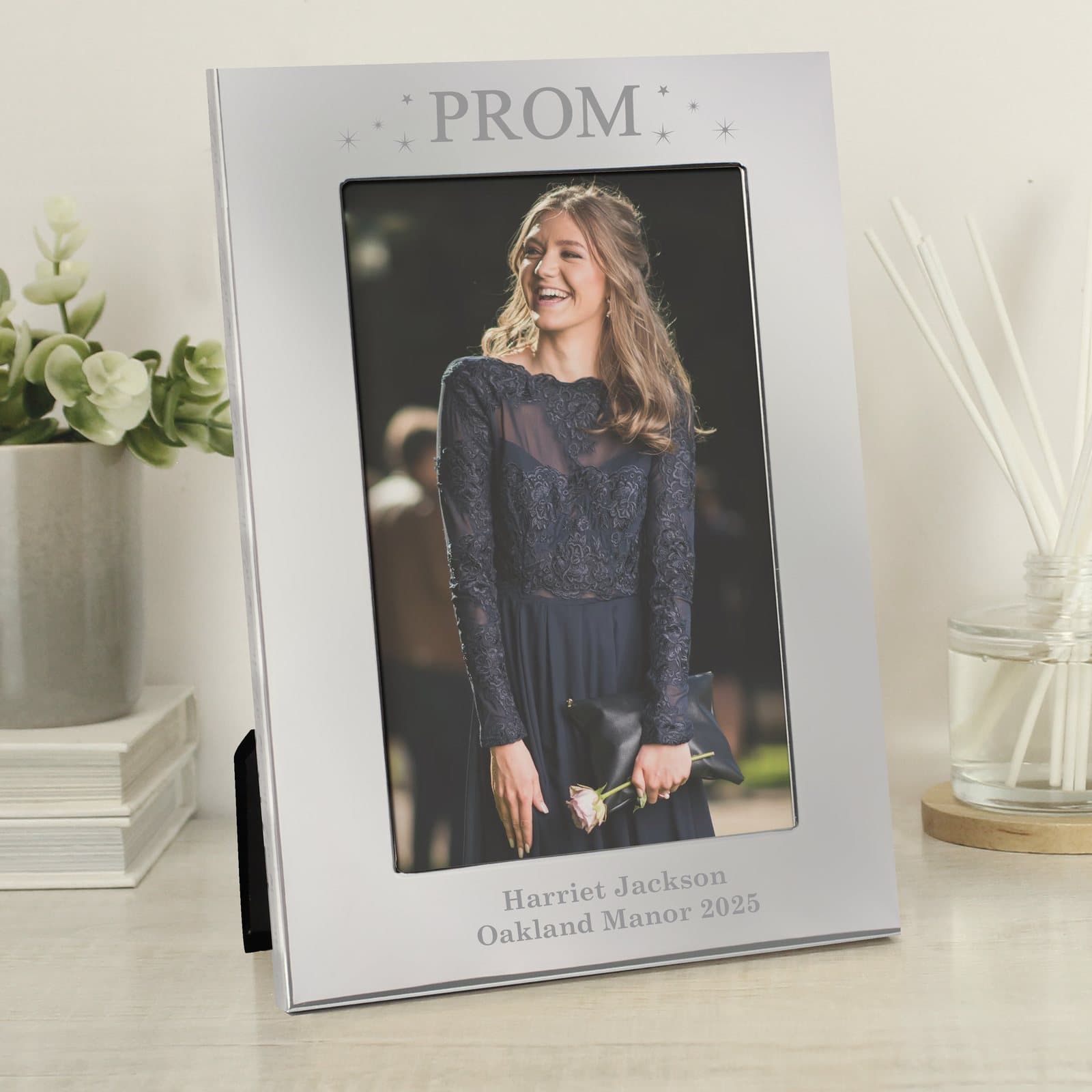 Silver aluminium 6x4 prom night photo frame with personalised text