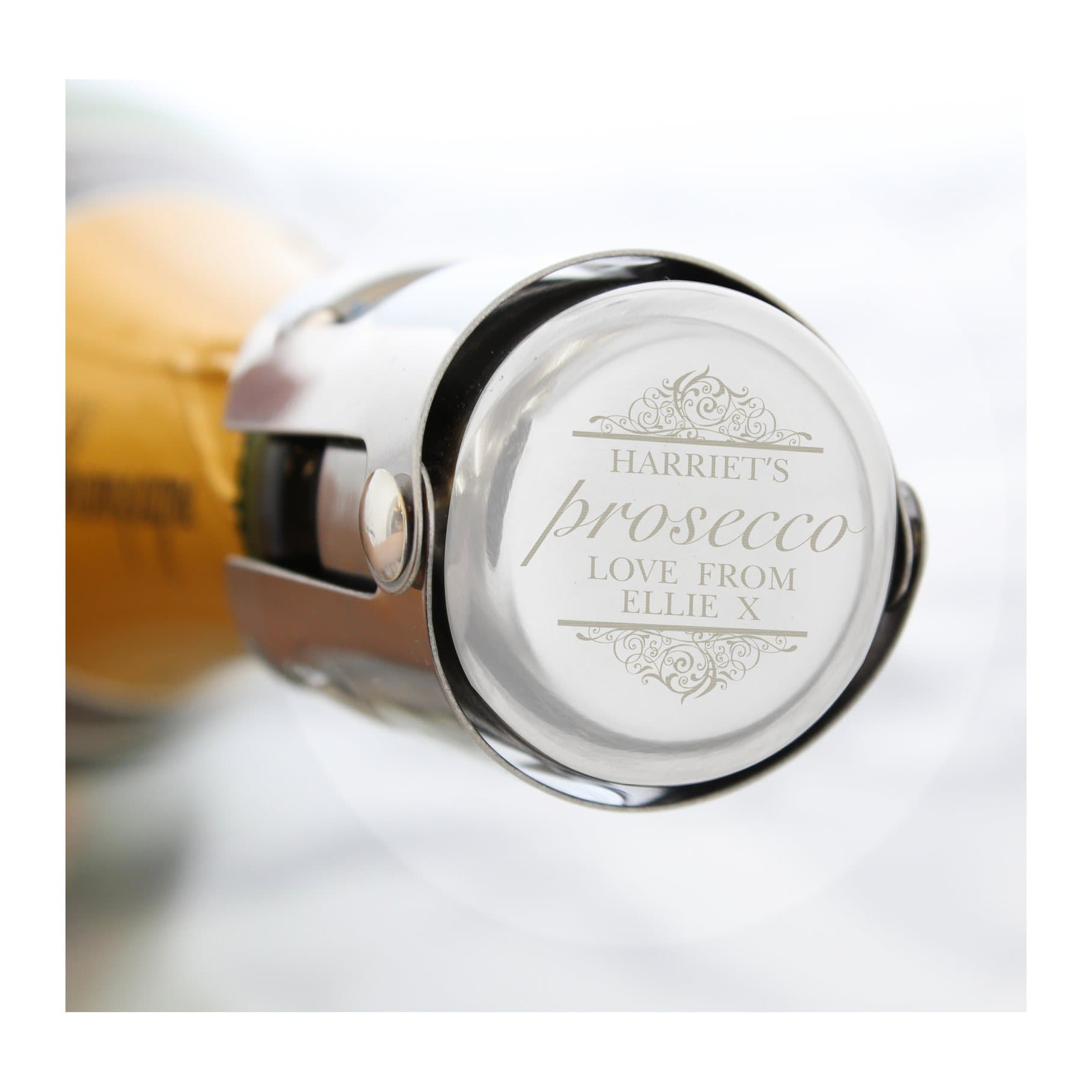Stainless steel prosecco bottle stopper with personalised name