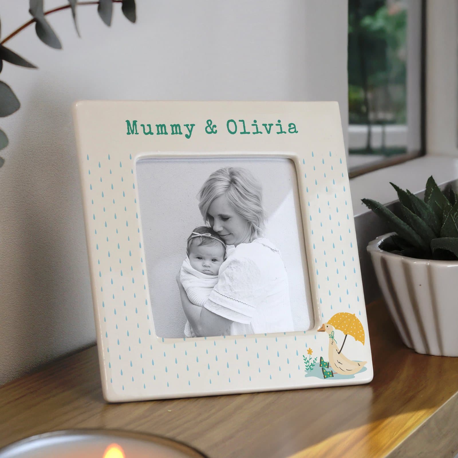 Ceramic 4x4 Puddle Duck photo frame with personalised text
