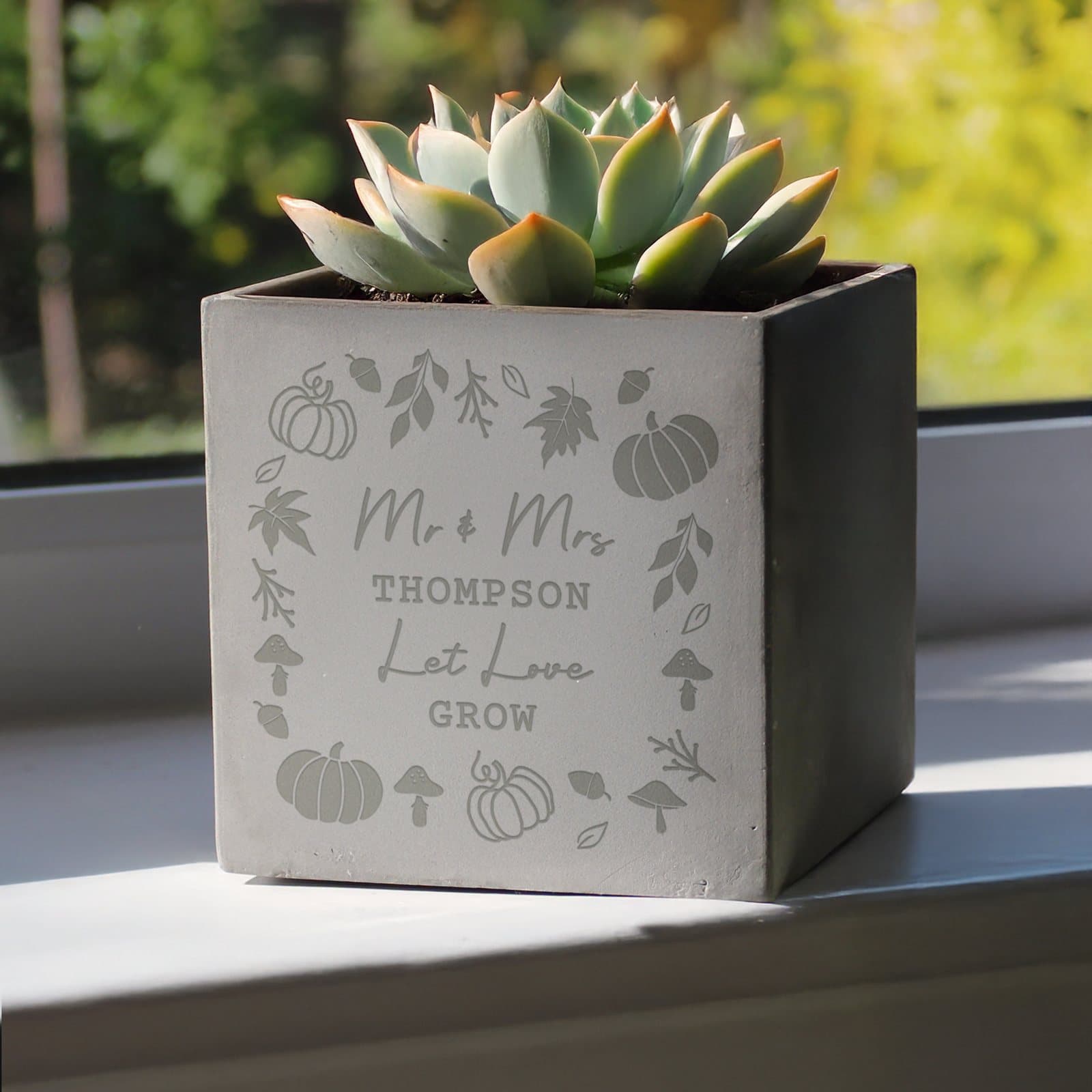 Personalised concrete plant pot with an autumn leaves or pumpkin design