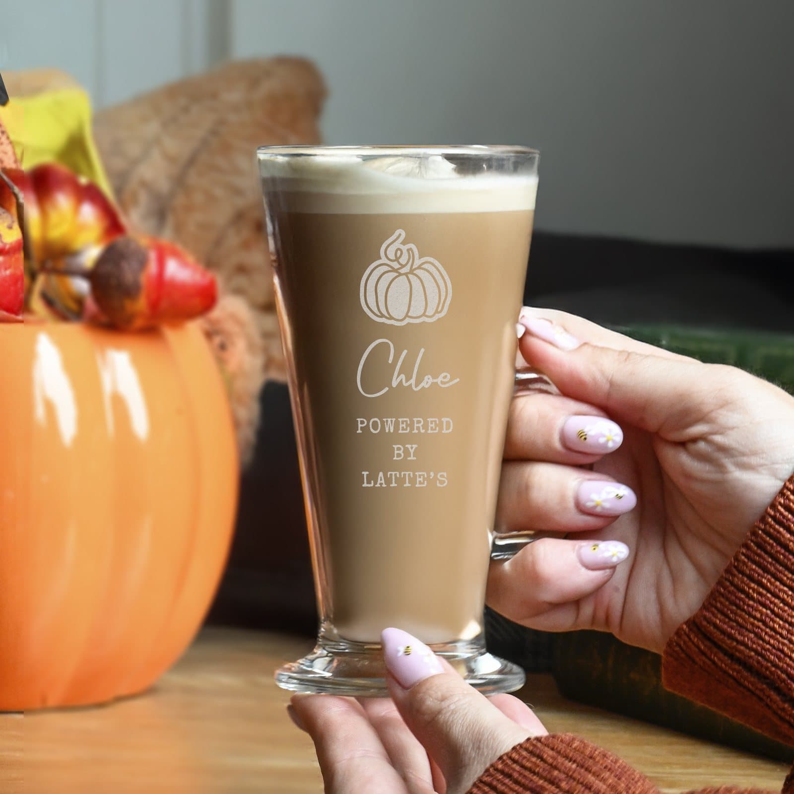 Pumpkin latte glass with a five-line personalised message