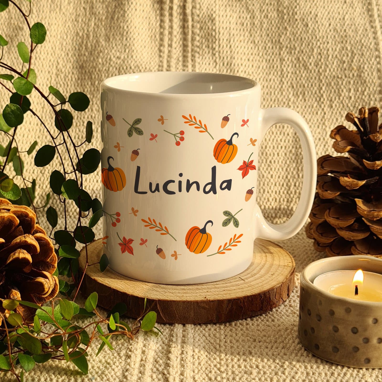 Ceramic pumpkin mug personalised with a name for Halloween