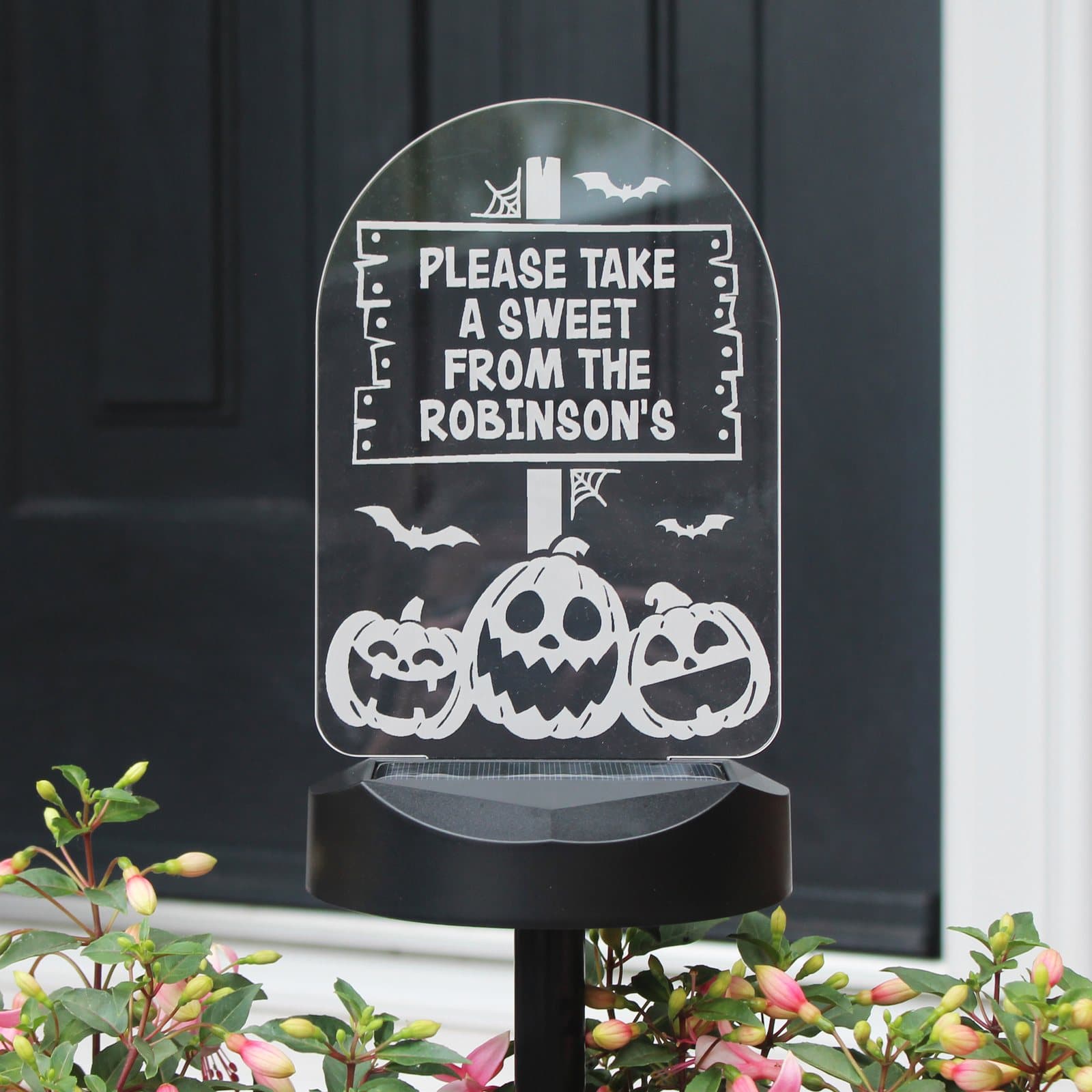 Pumpkin patch Halloween solar light sign with four lines of personalised text