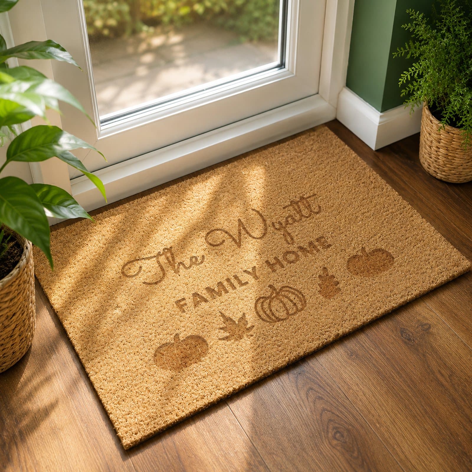 Rectangular coir doormat with pumpkin design and personalised text