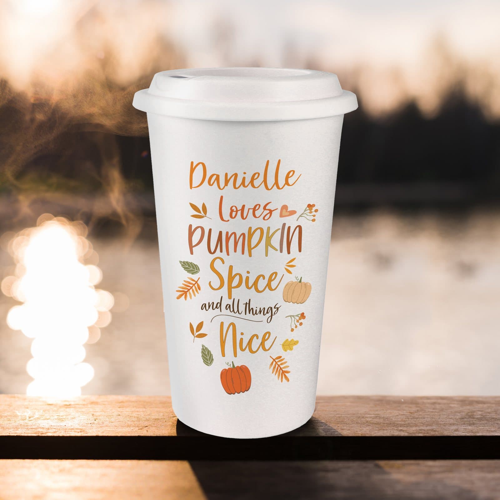 Personalised pumpkin spice travel mug with a name above the fixed pumpkin spice text