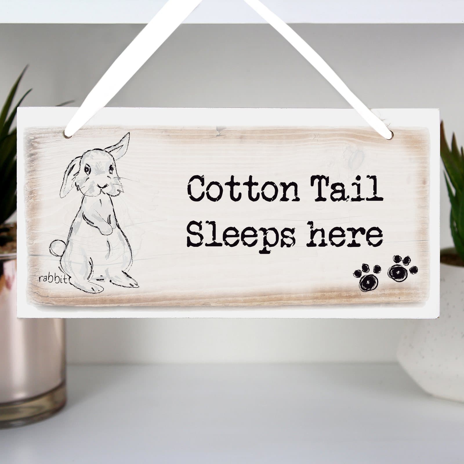 Rabbit wooden sign with ribbon and two lines of personalised text