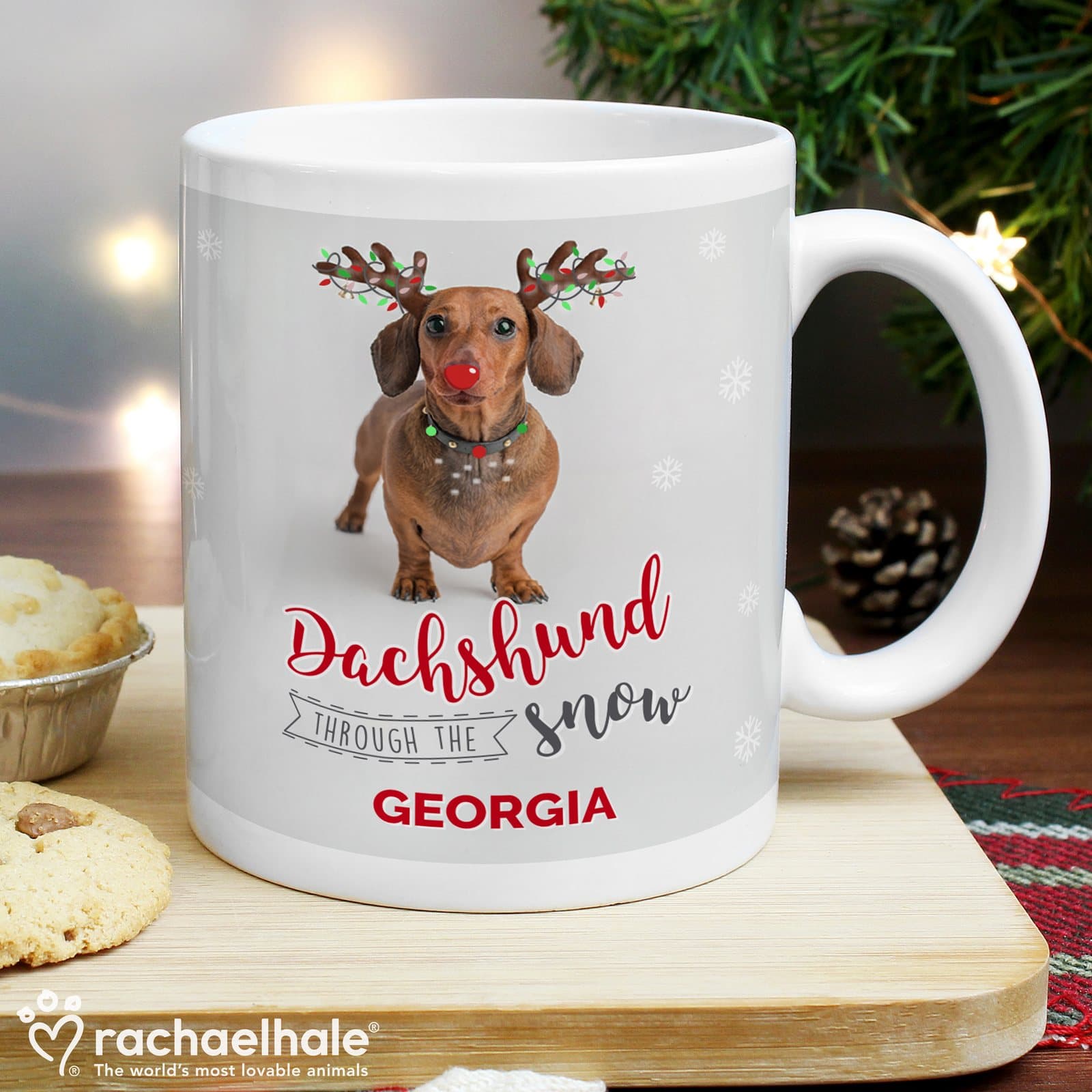 Personalised Rachael Hale Dachshund Through the Snow Christmas ceramic mug