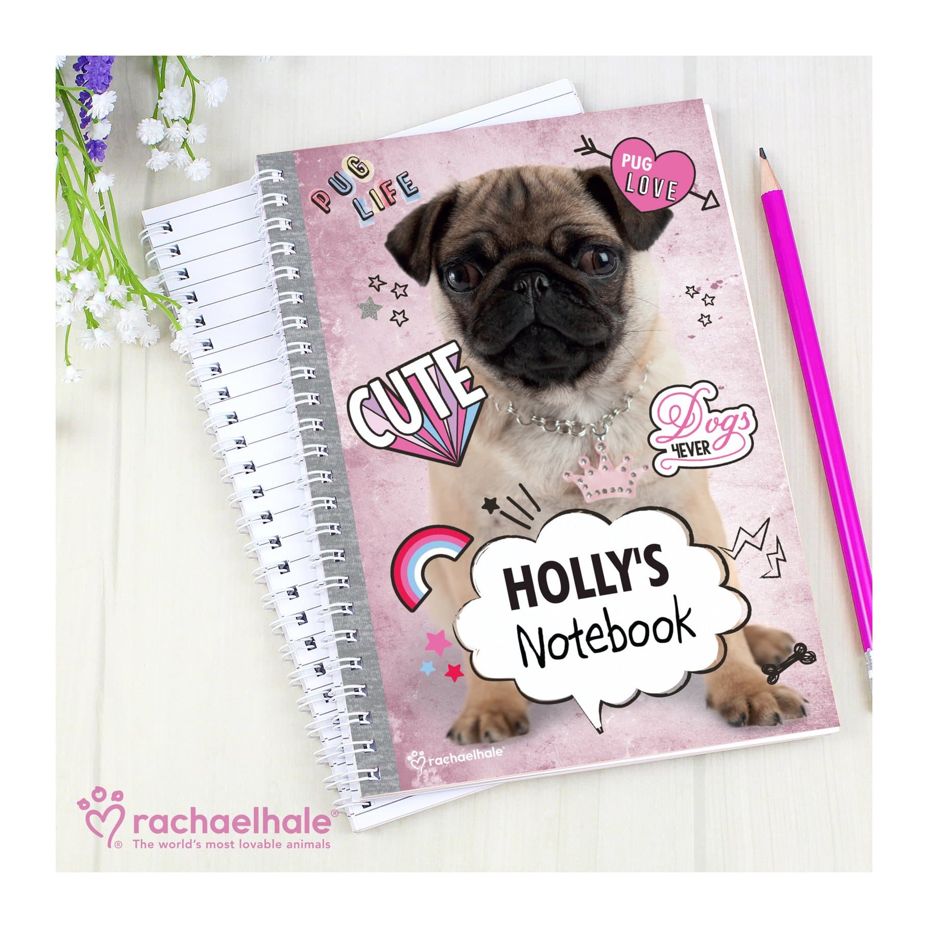 Doodle Pug A5 notebook personalised with a name