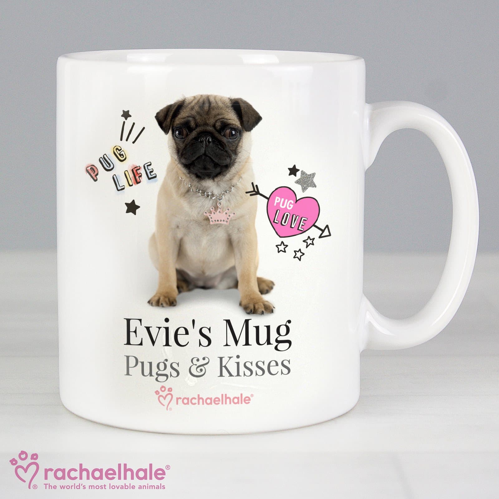 Personalised Rachael Hale doodle pug ceramic mug