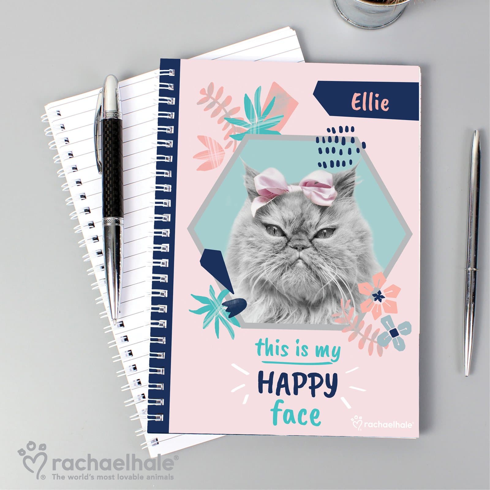 Rachael Hale Happy Face cat A5 notebook personalised with a name