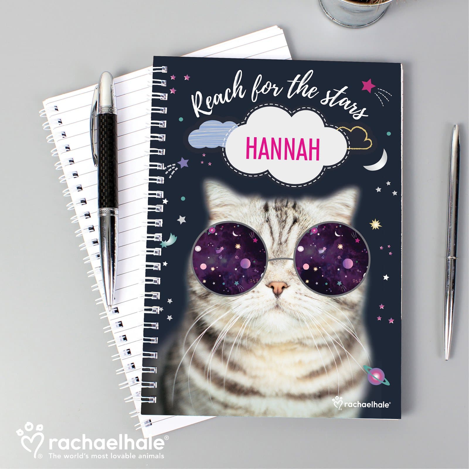 Rachael Hale Space Cat A5 notebook personalised with a name