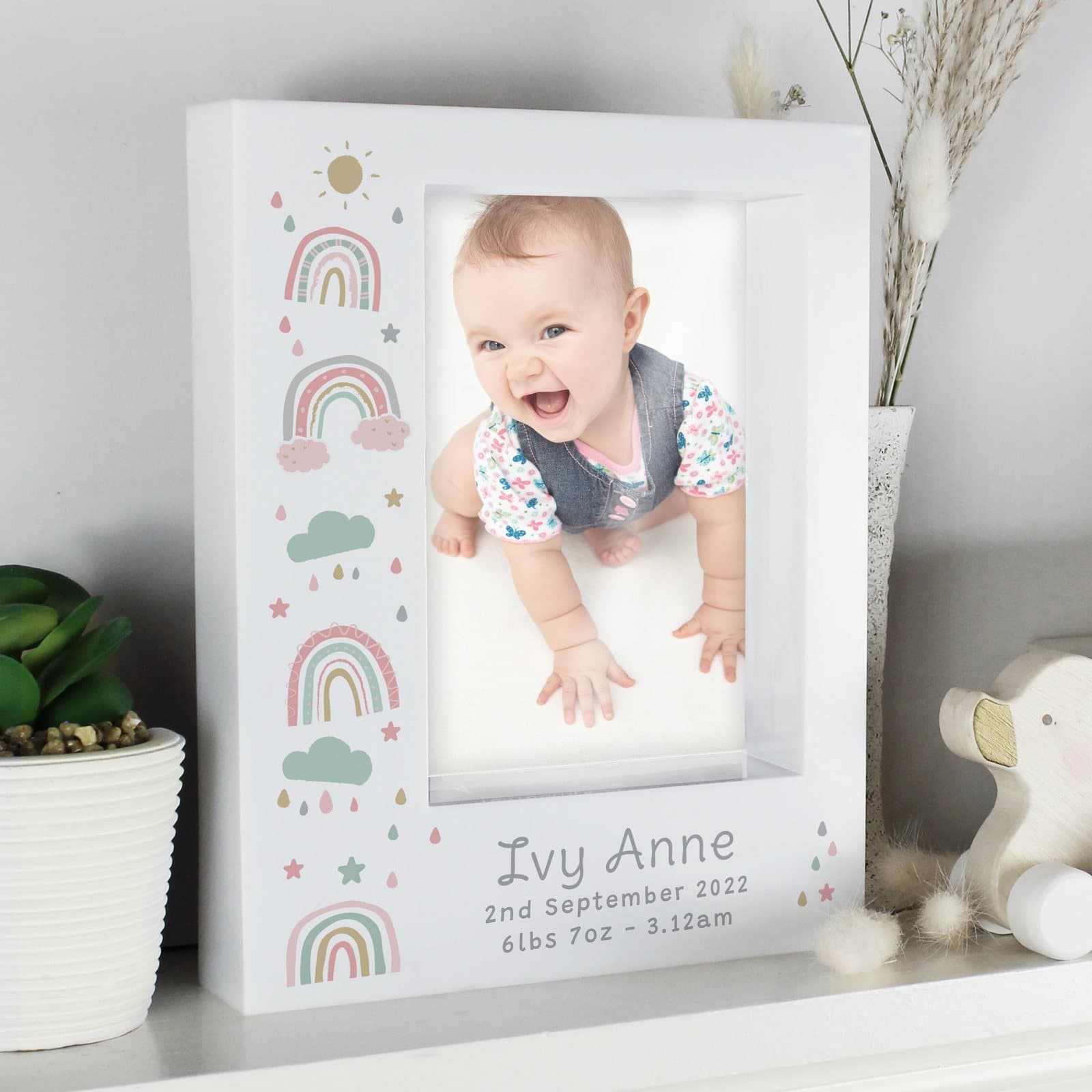 Personalised rainbow box photo frame in plastic