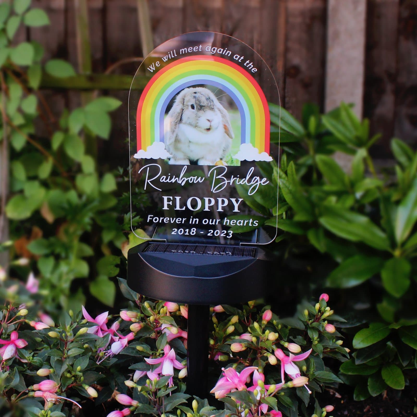 Solar LED garden light with a pet photo sign and Rainbow Bridge text