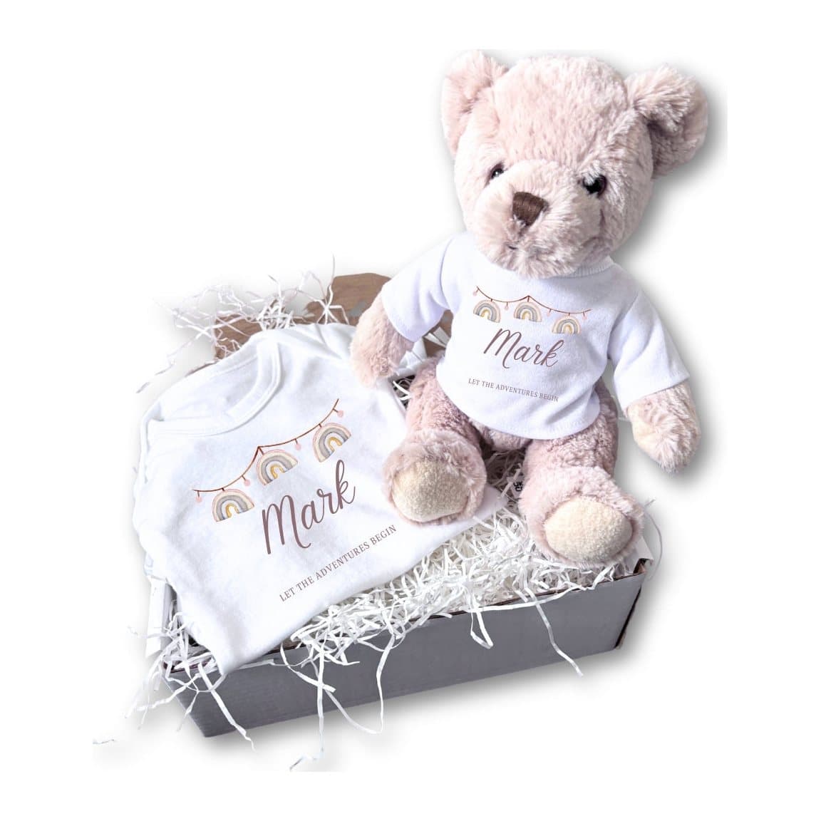 Personalised rainbow bunting baby gift box with a vest and teddy in a white box