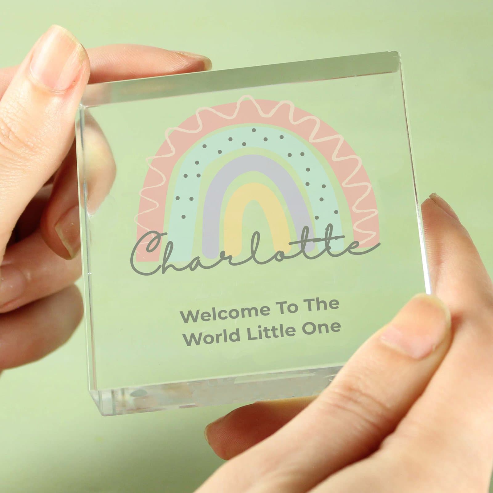 Personalised rainbow animals glass crystal token with a name and message