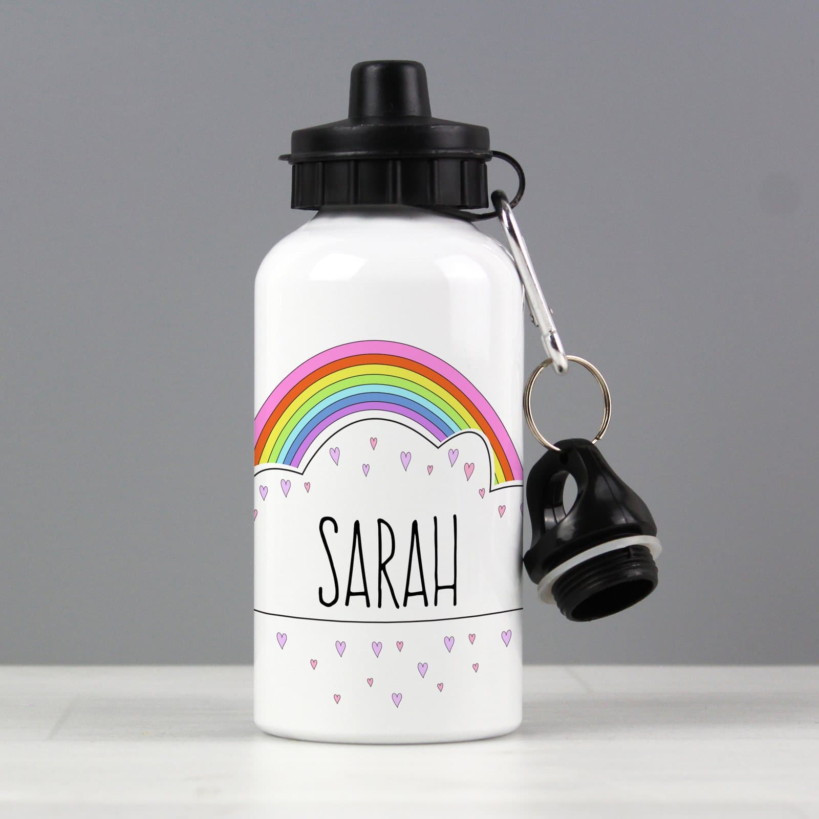 Personalised rainbow drinks bottle with a name printed on it