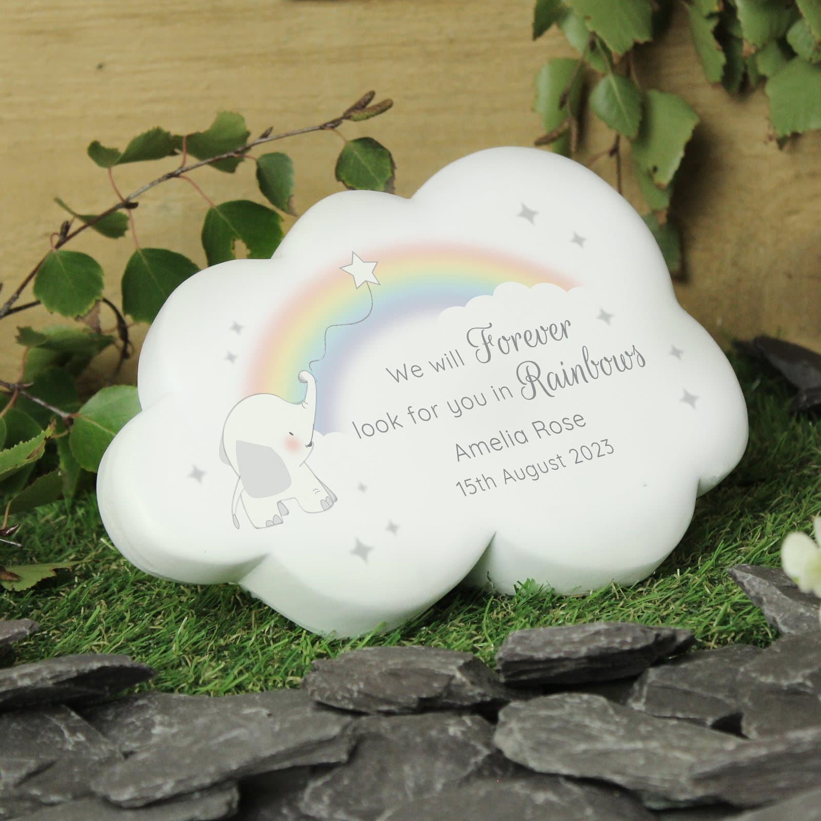 Resin memorial stone with a rainbow, elephant and cloud and personalised text