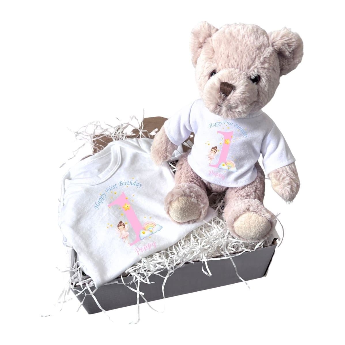 Personalised rainbow fairy baby vest and teddy bear set