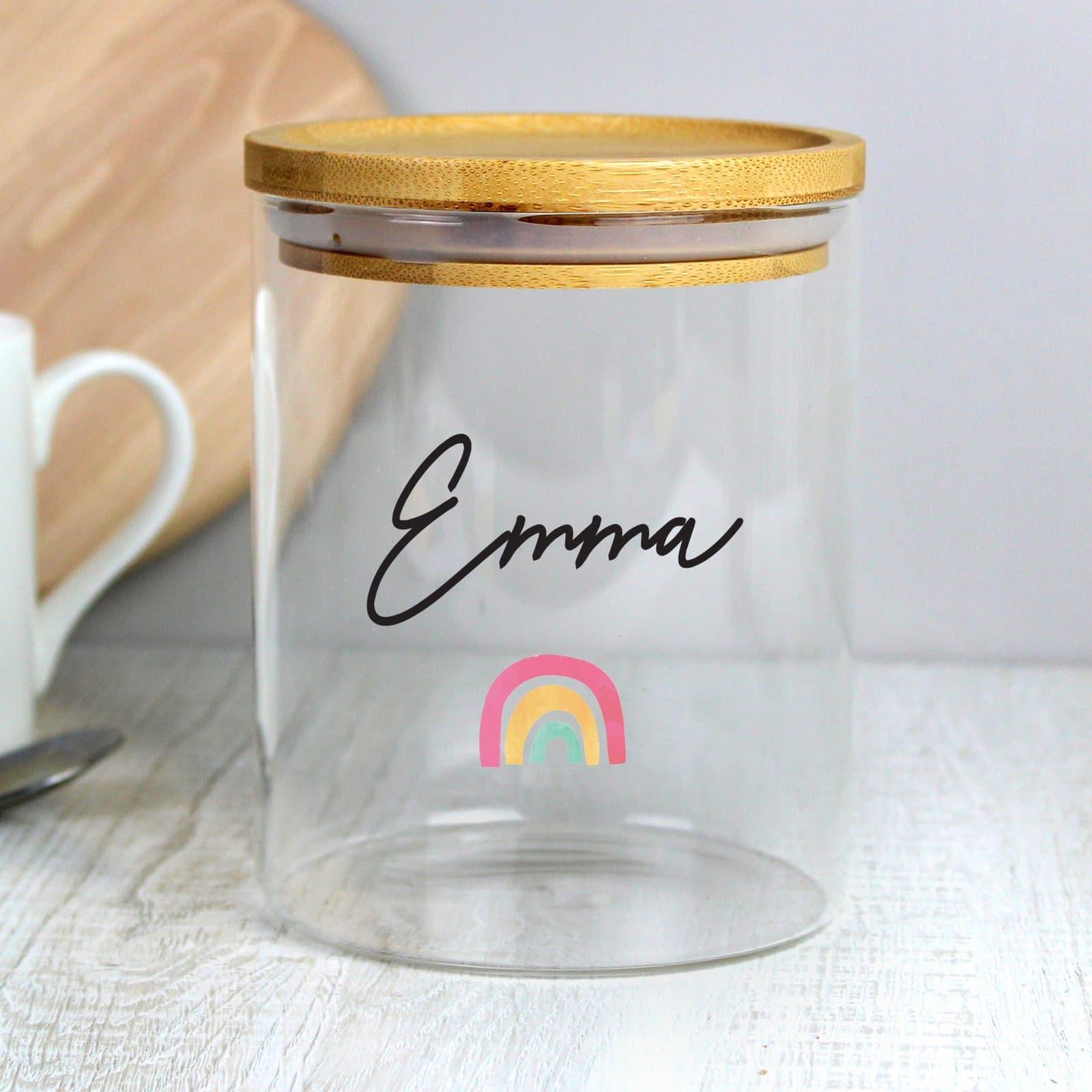 Personalised rainbow glass jar with a bamboo lid