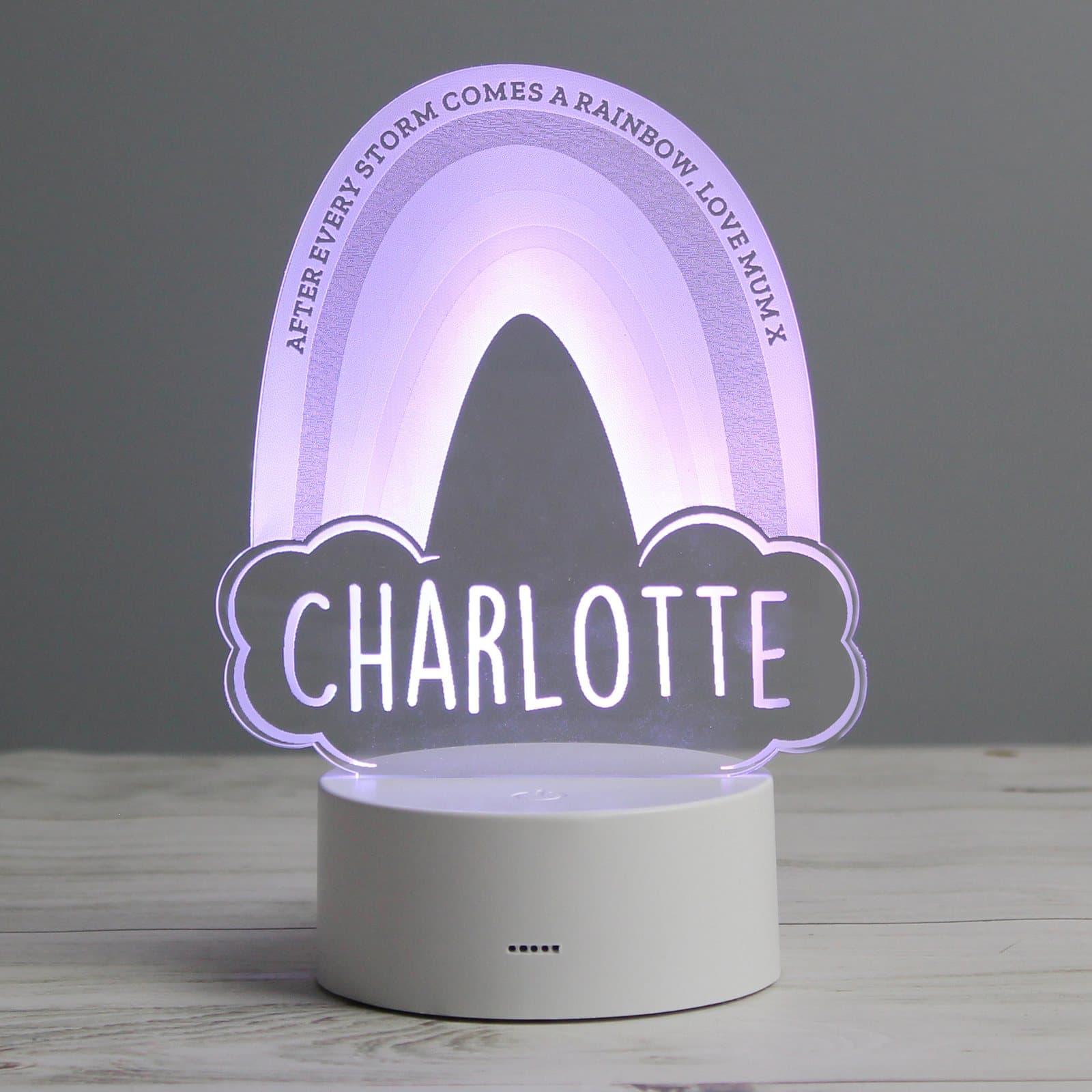Rainbow LED night light with a personalised name and colour changing light