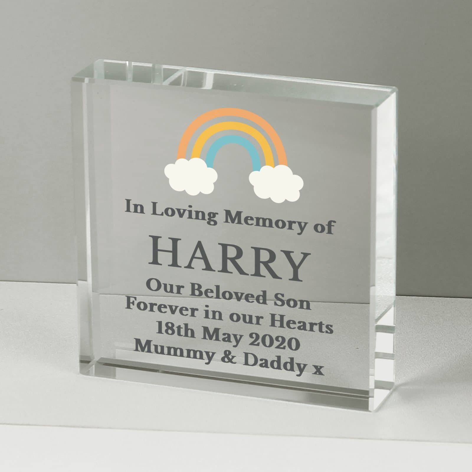 Rainbow memorial crystal token with personalised text and a black gift box