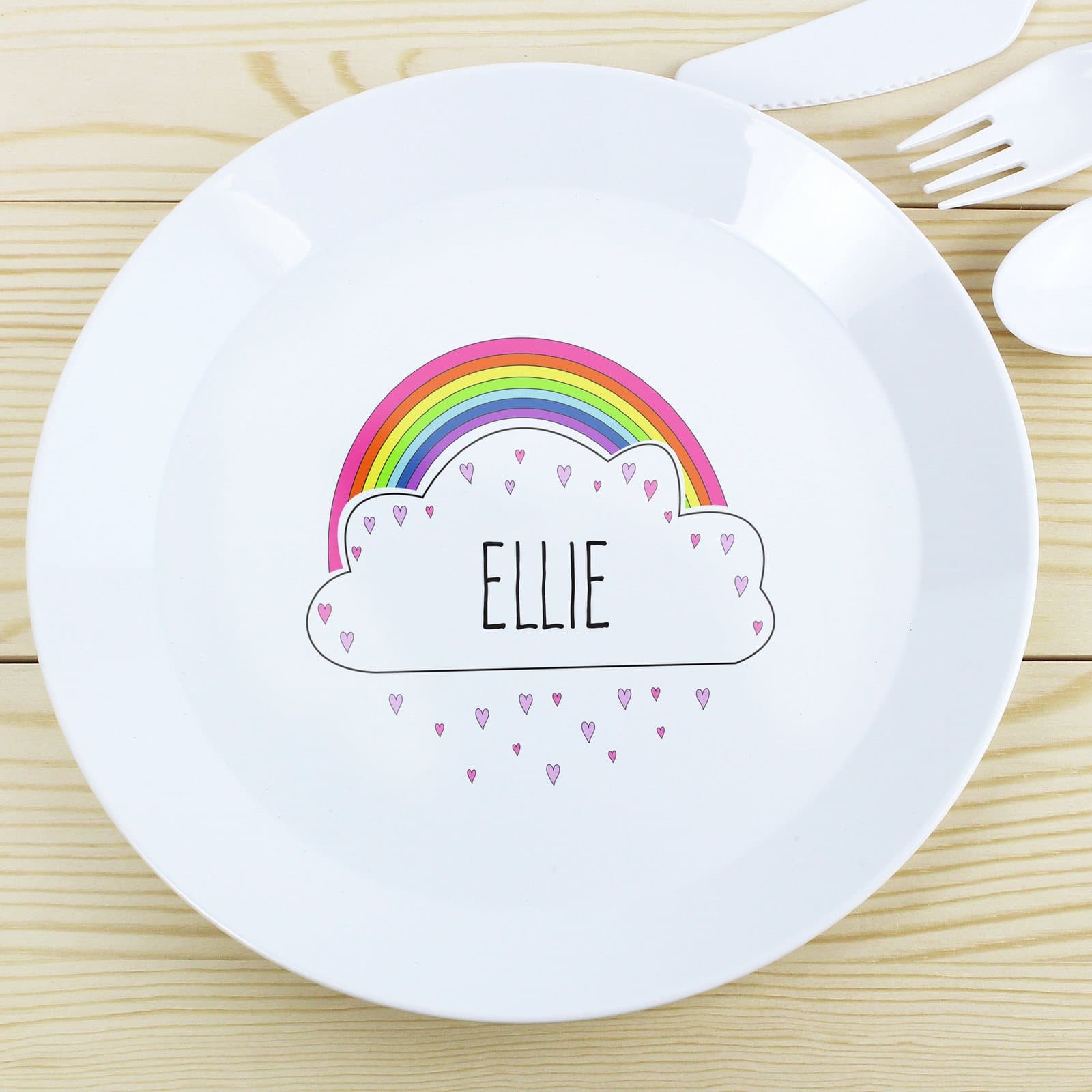 Rainbow plastic plate personalised with a name
