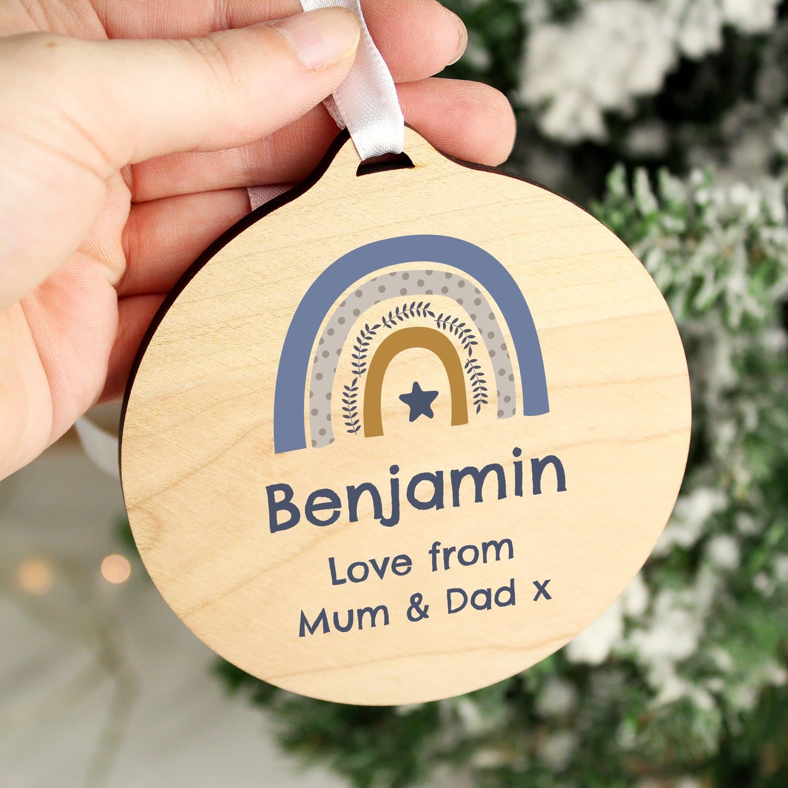 Personalised round wooden rainbow decoration with ribbon