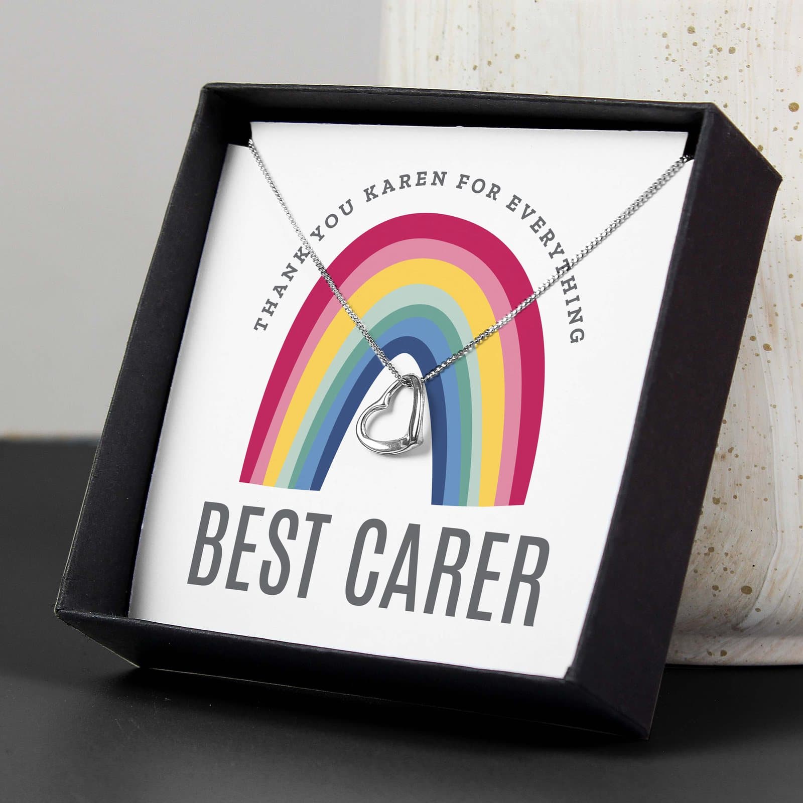 Silver tone rainbow necklace with sentiment card and black gift box