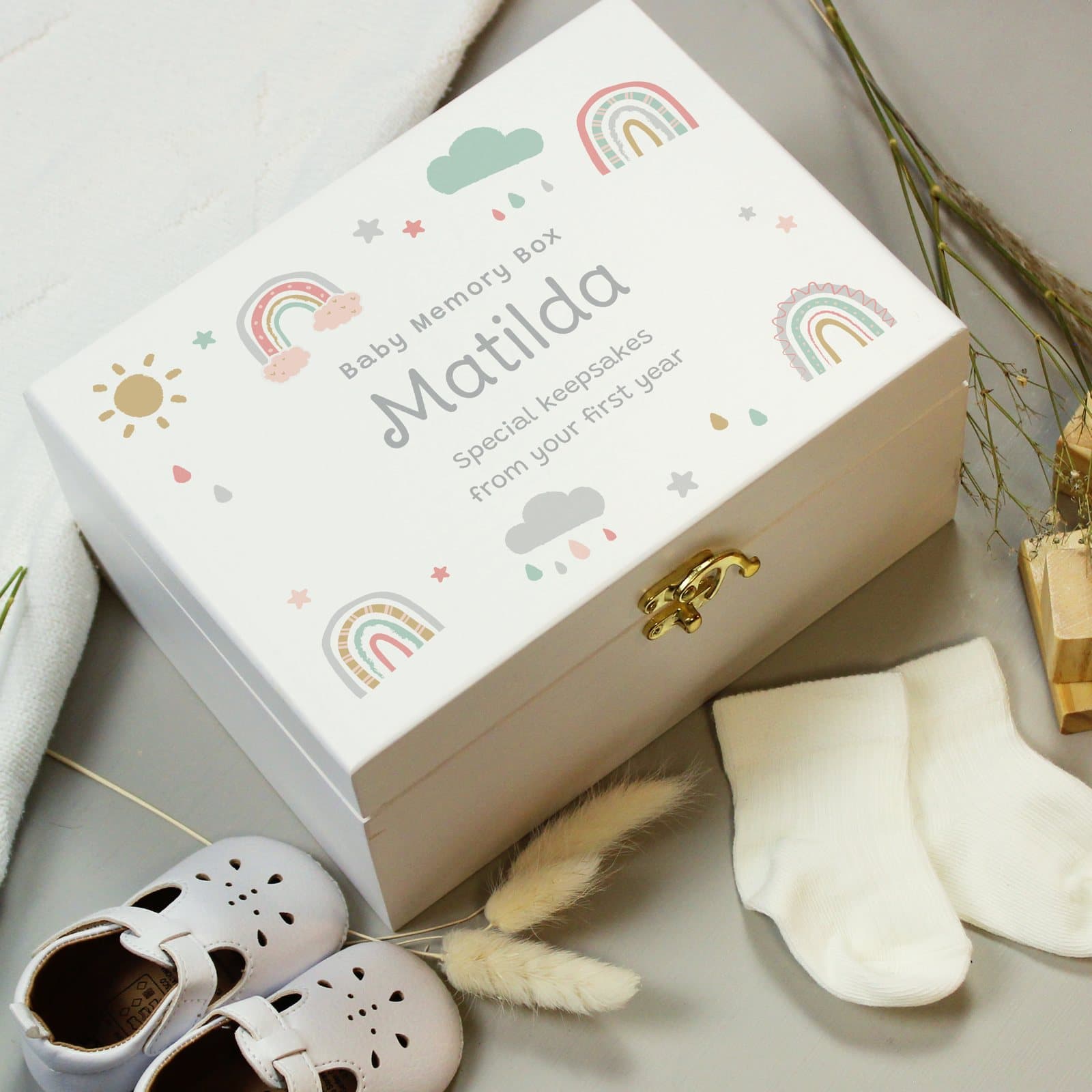 Rainbow wooden keepsake box with a metal clasp