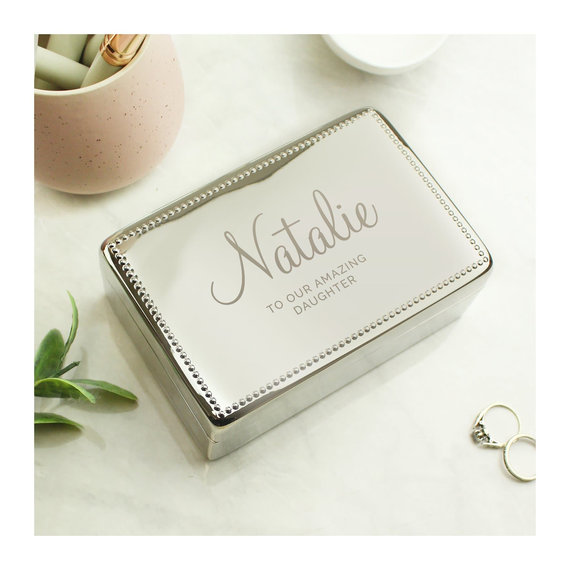 Rectangular nickel plated jewellery box with a personalised lid