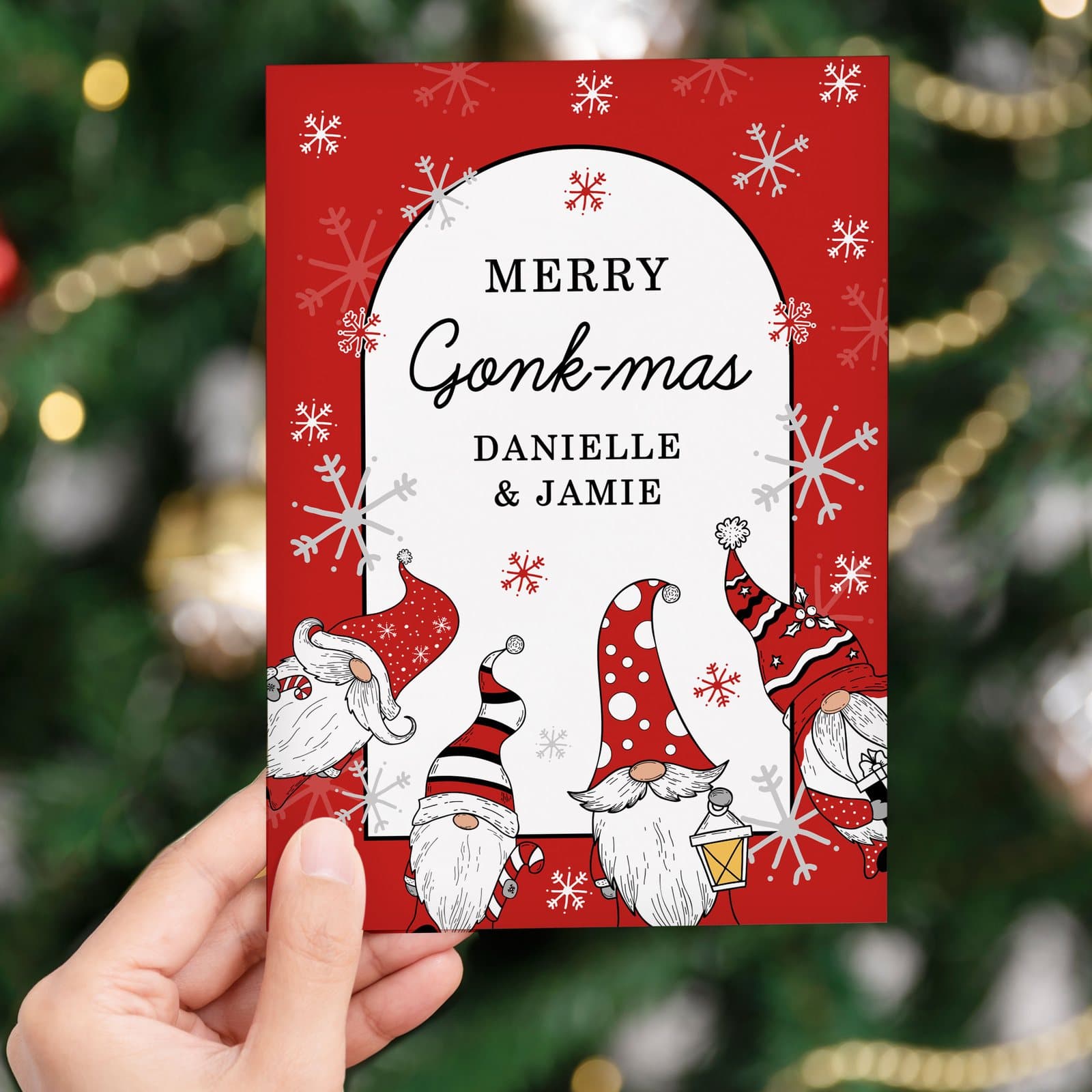 Personalised Red Gonks Christmas card with Merry Gonk-mas greeting