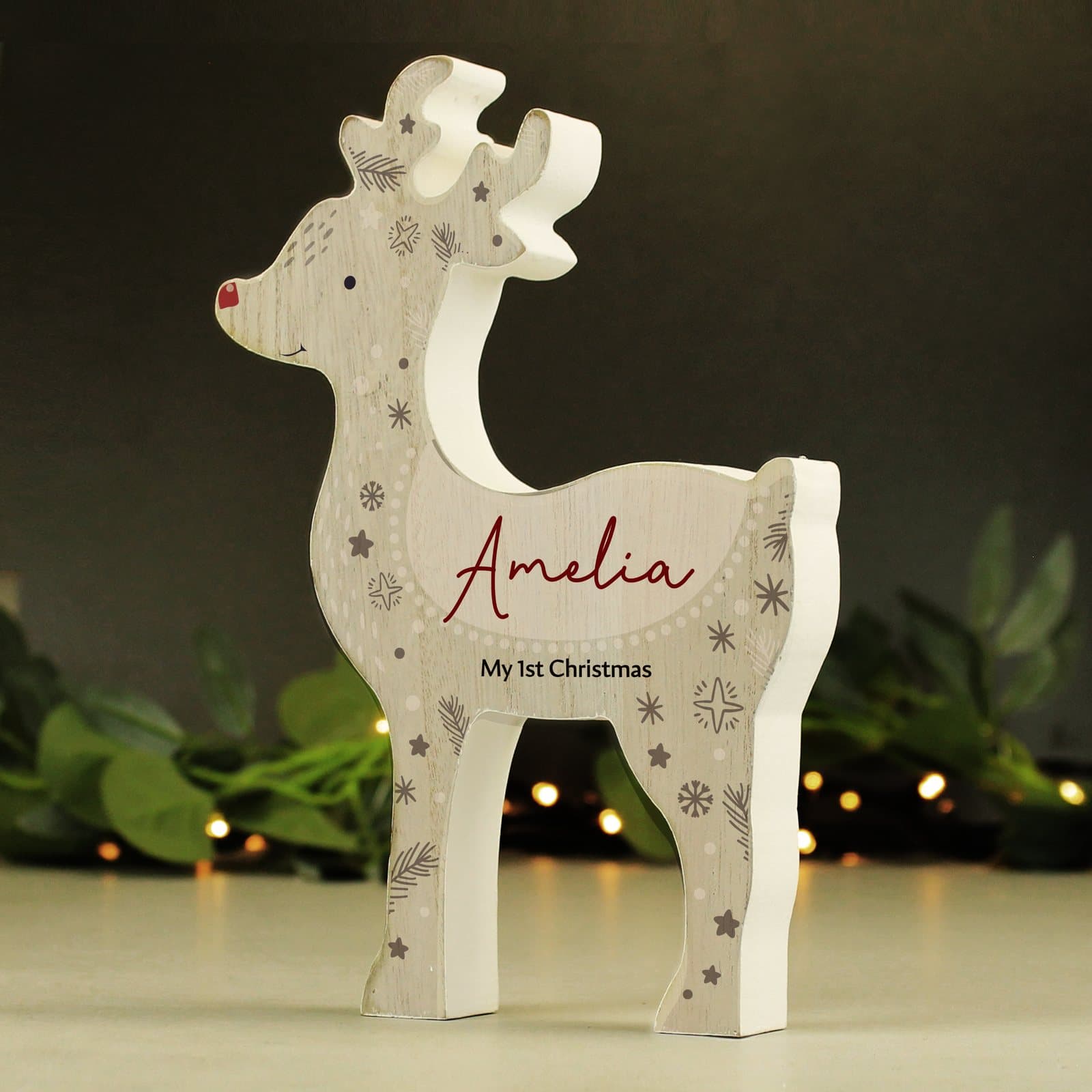 Wooden reindeer ornament with a shabby chic finish and personalised text