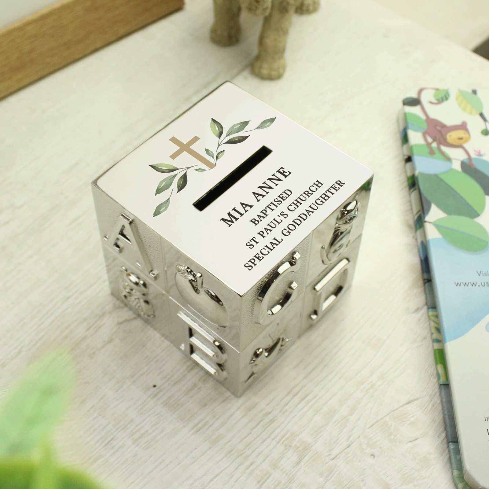 Religious Cross ABC money box personalised with four lines of text