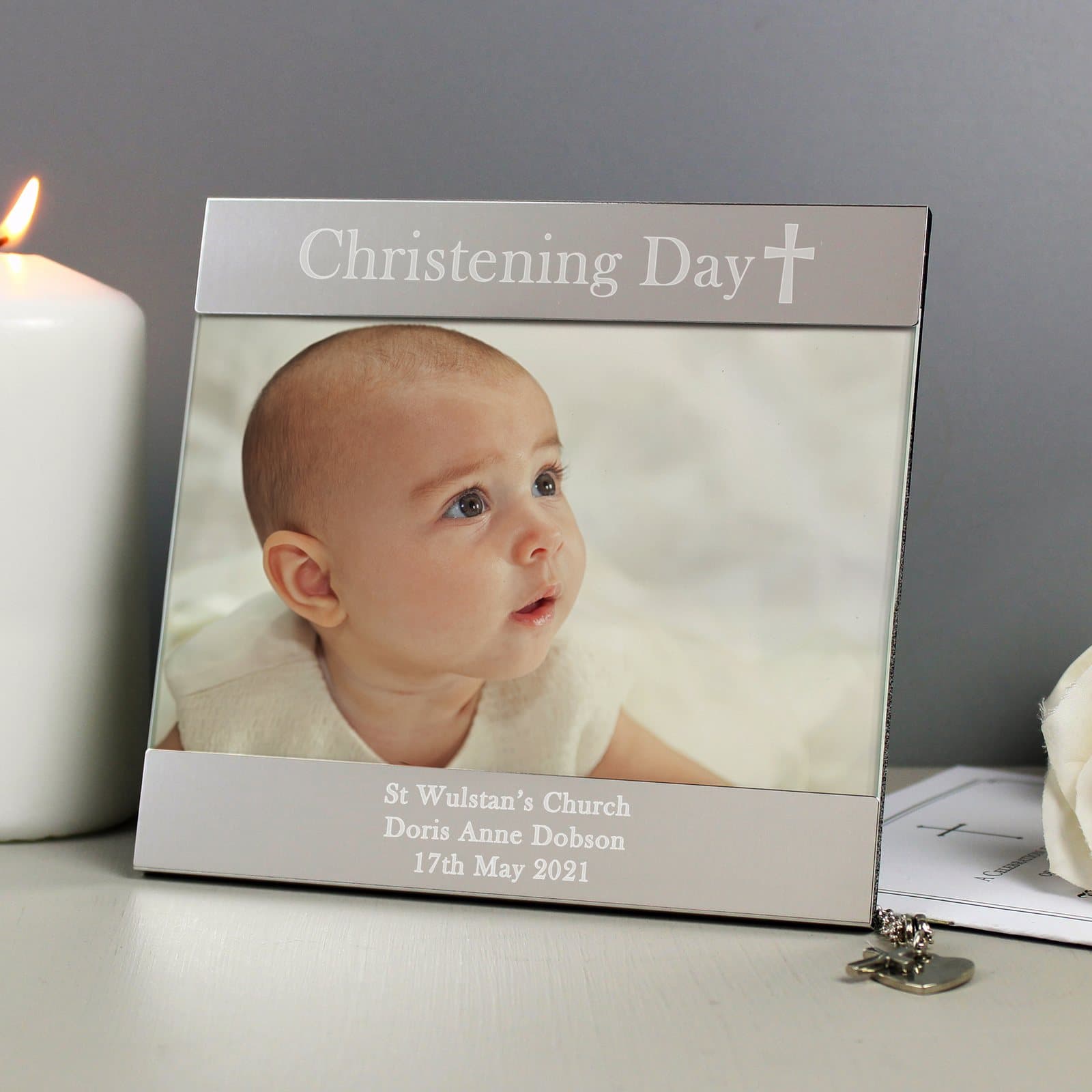 Silver 6x4 religious cross photo frame with personalised christening text