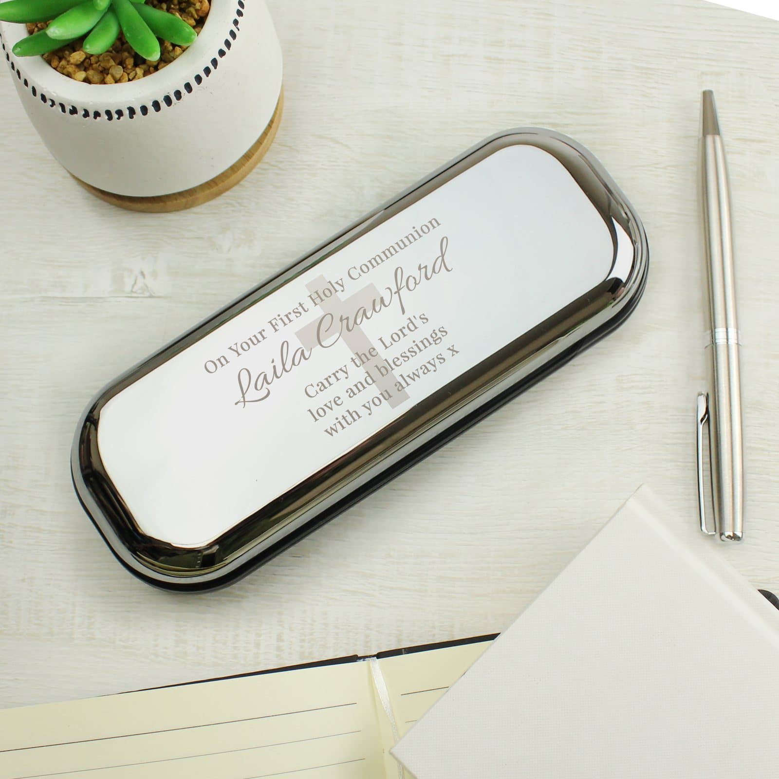 Personalised religious pen and box set showing a pen and a lined pen box