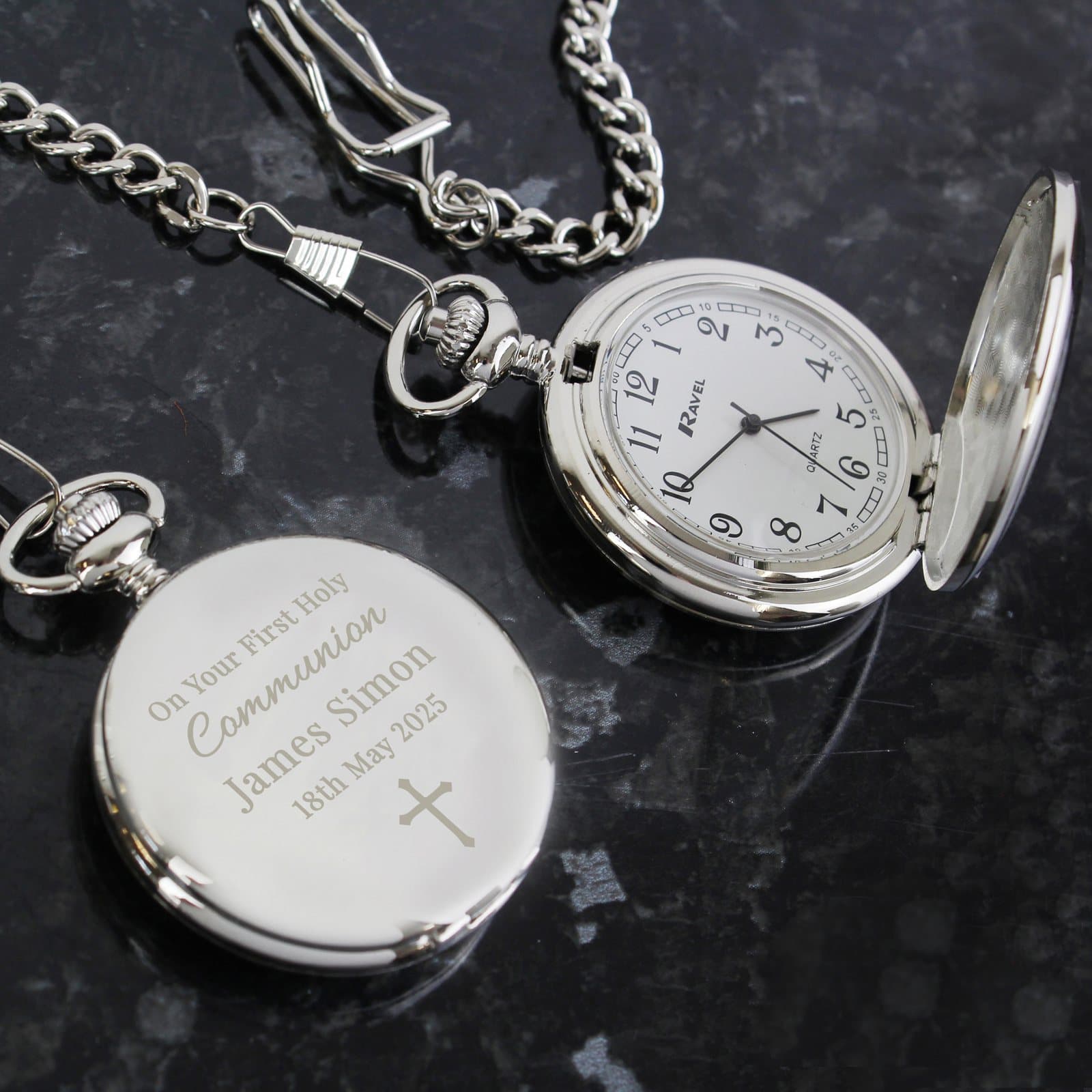 Chrome plated pocket fob watch with chain and a delicately engraved design