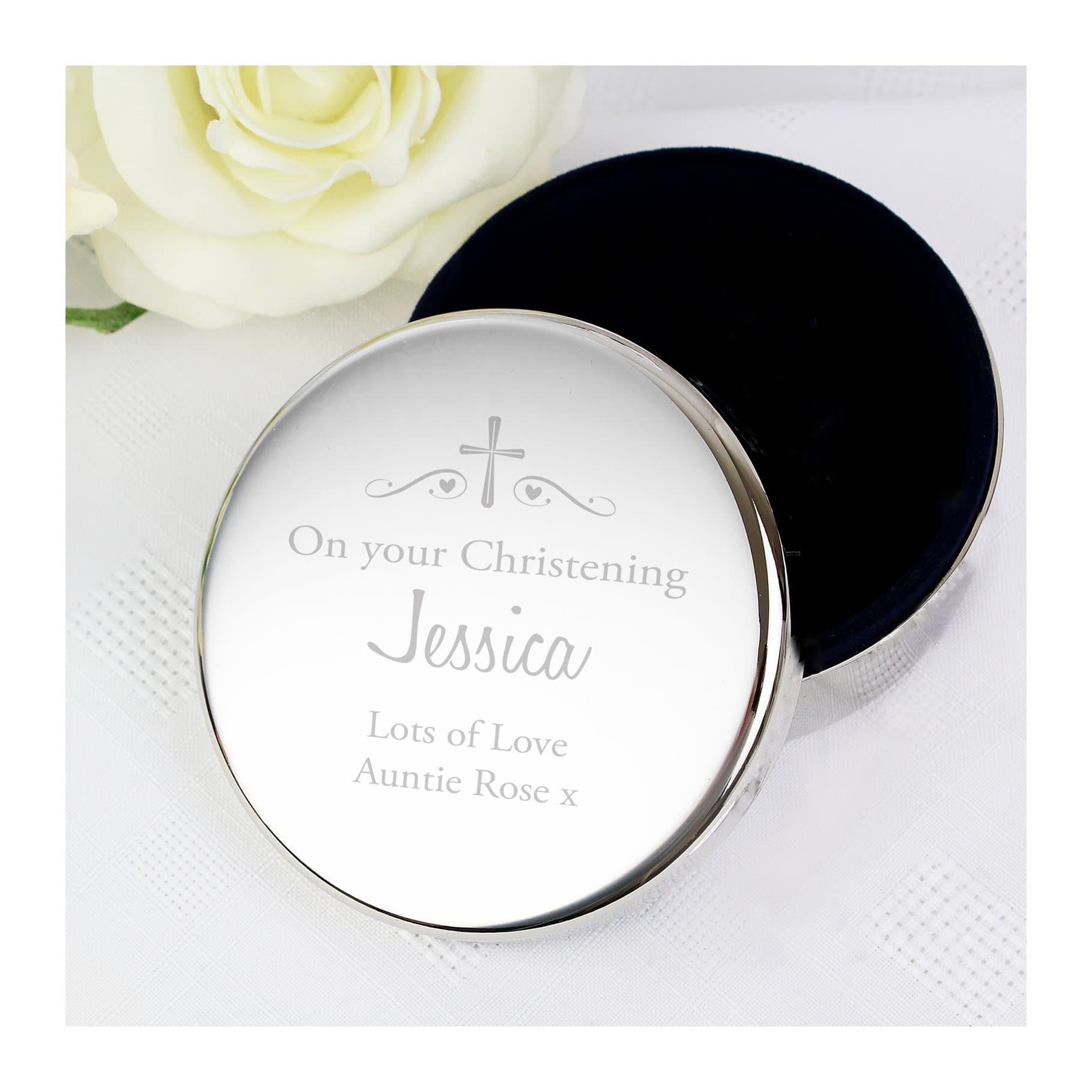 Round nickel plated trinket box with a swirls and hearts design