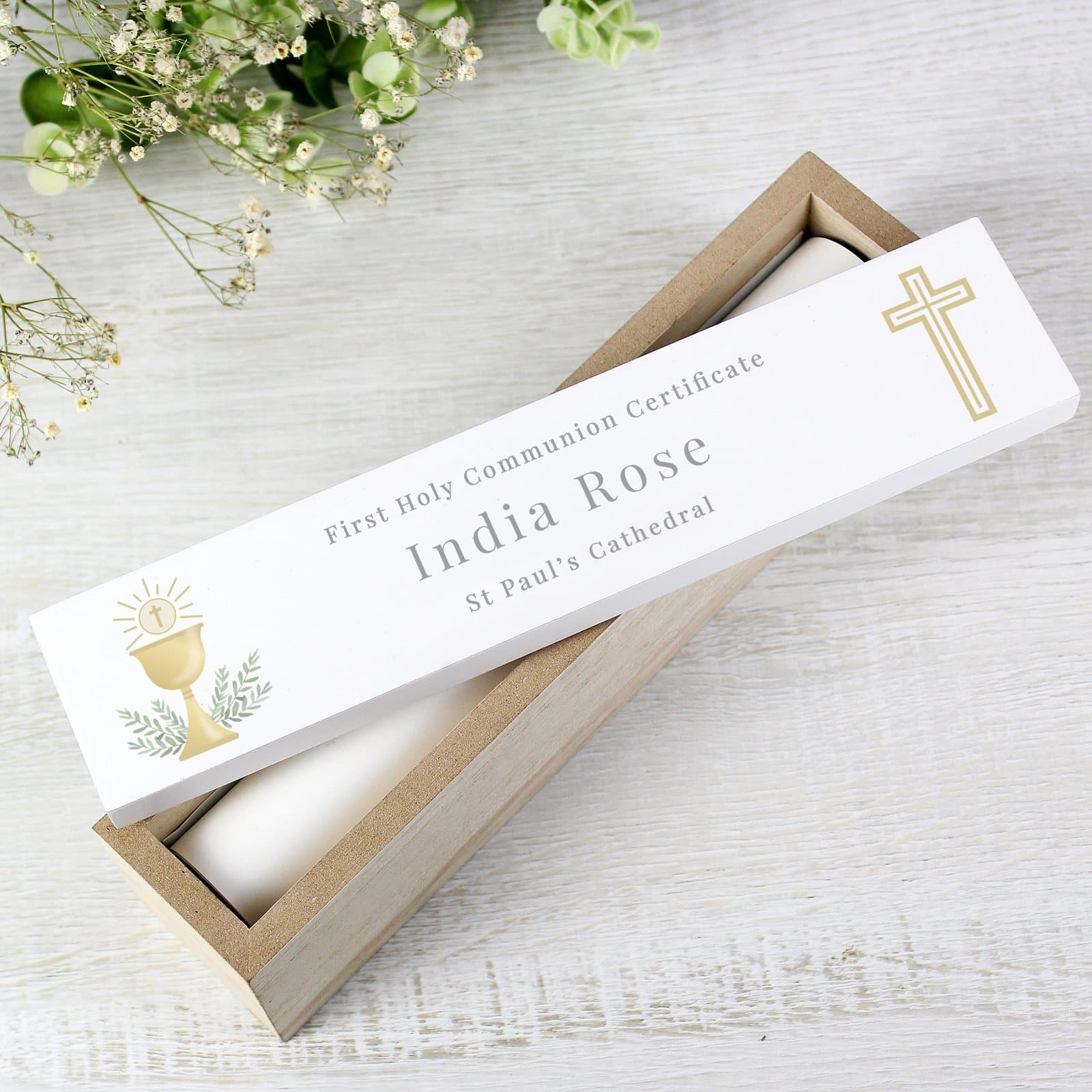 Shabby chic wooden certificate holder with a personalised message